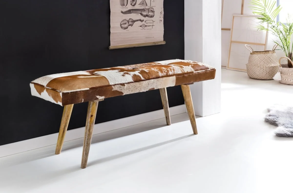 Exklusive Landhausstil Sitzbank aus Echtleder und Mango-Holz