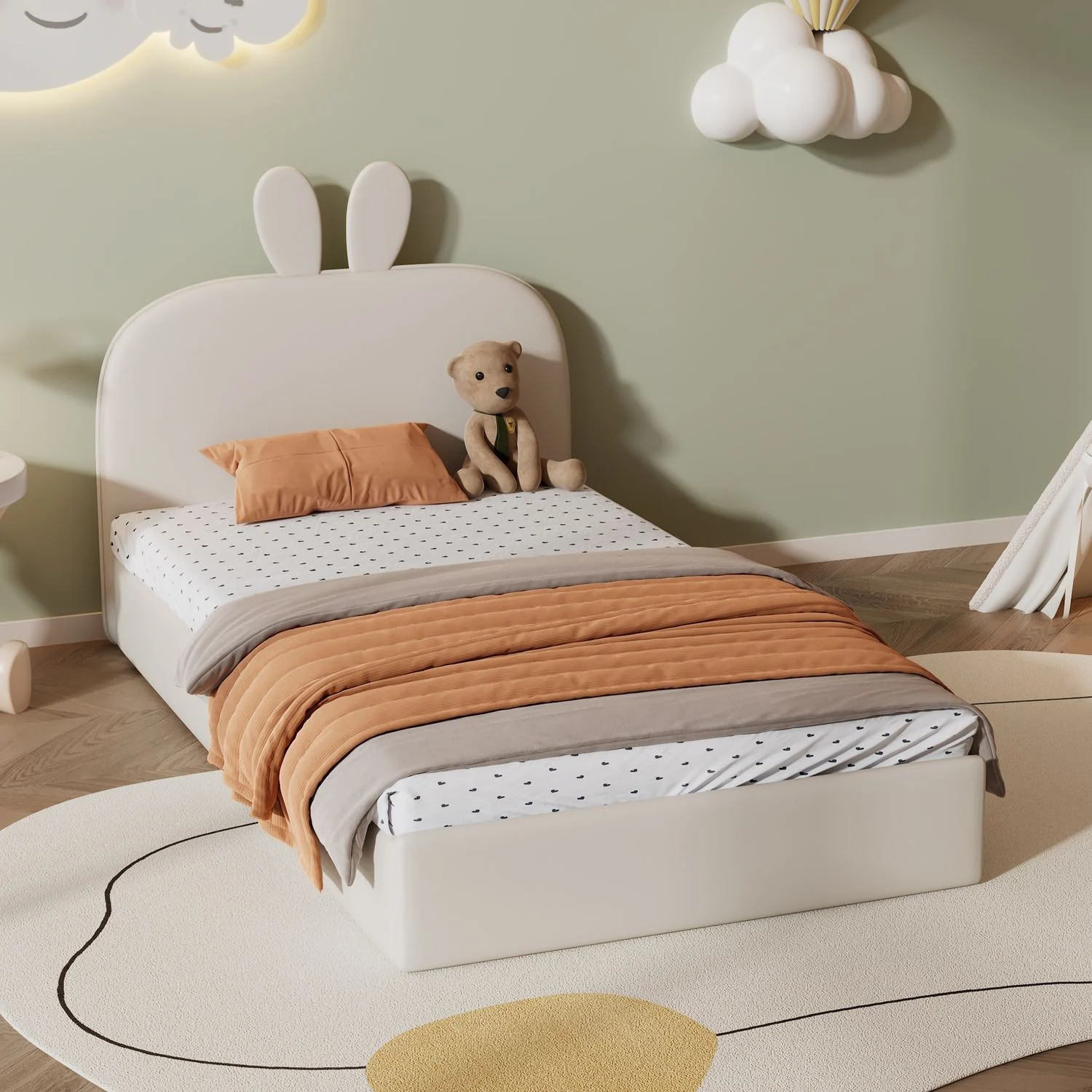Kinderbett Samt mit Kaninchen-Kopfteil & Holzlatten, 90x200 cm, Beige, ohne Matratze