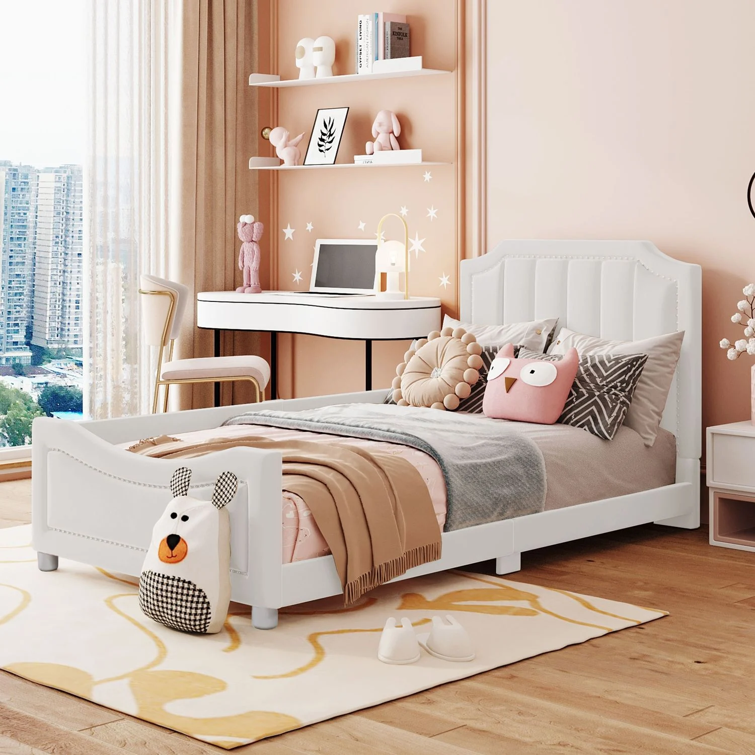 Kinderbett Flanell mit Rückenlehne & Lattenrost, 90x200 cm, Beige, ohne Matratze