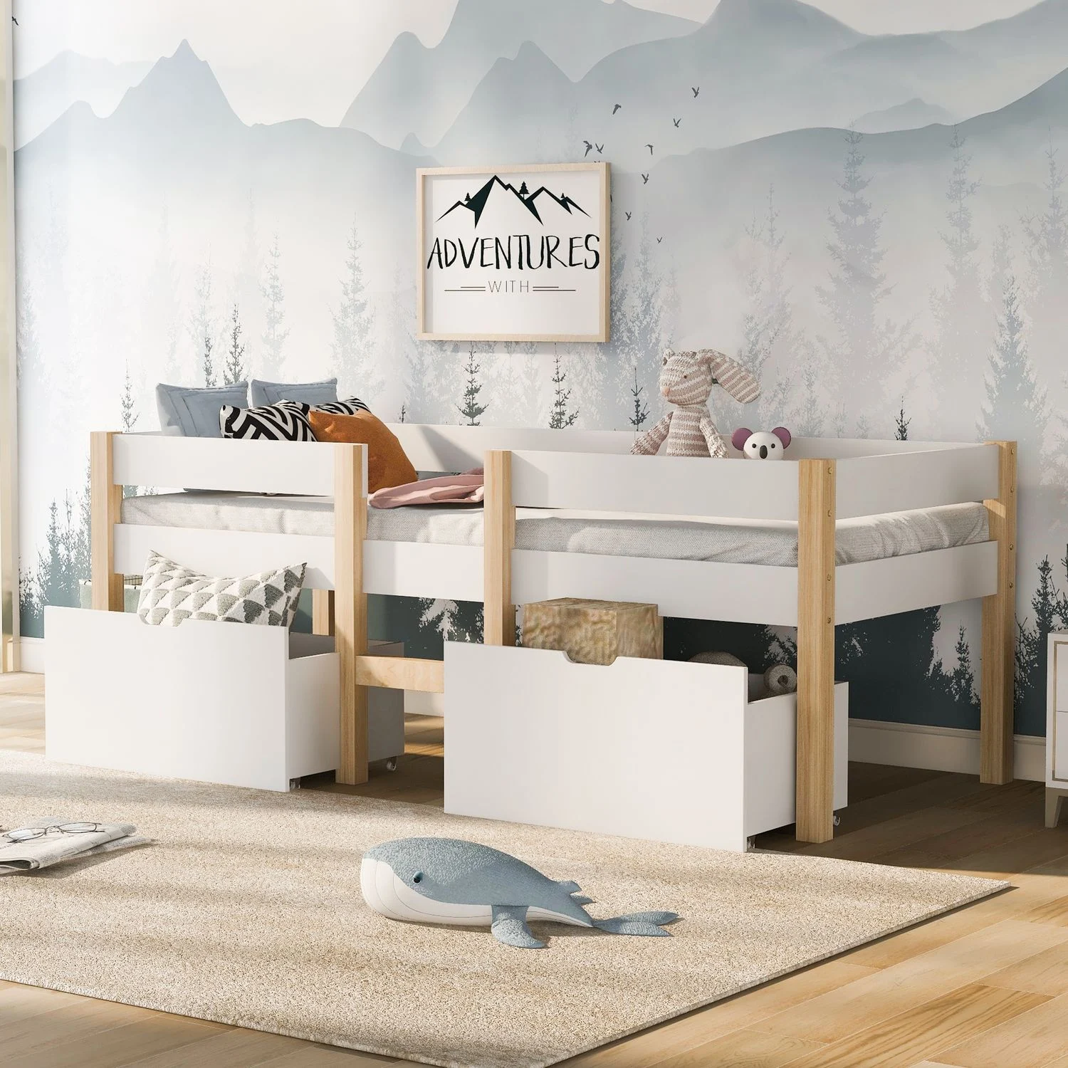 Halbhohes Kinderbett 90x200 cm Weiß, Massivholz Kiefer mit 2 Schubladen, Rausfallschutz und Leiter