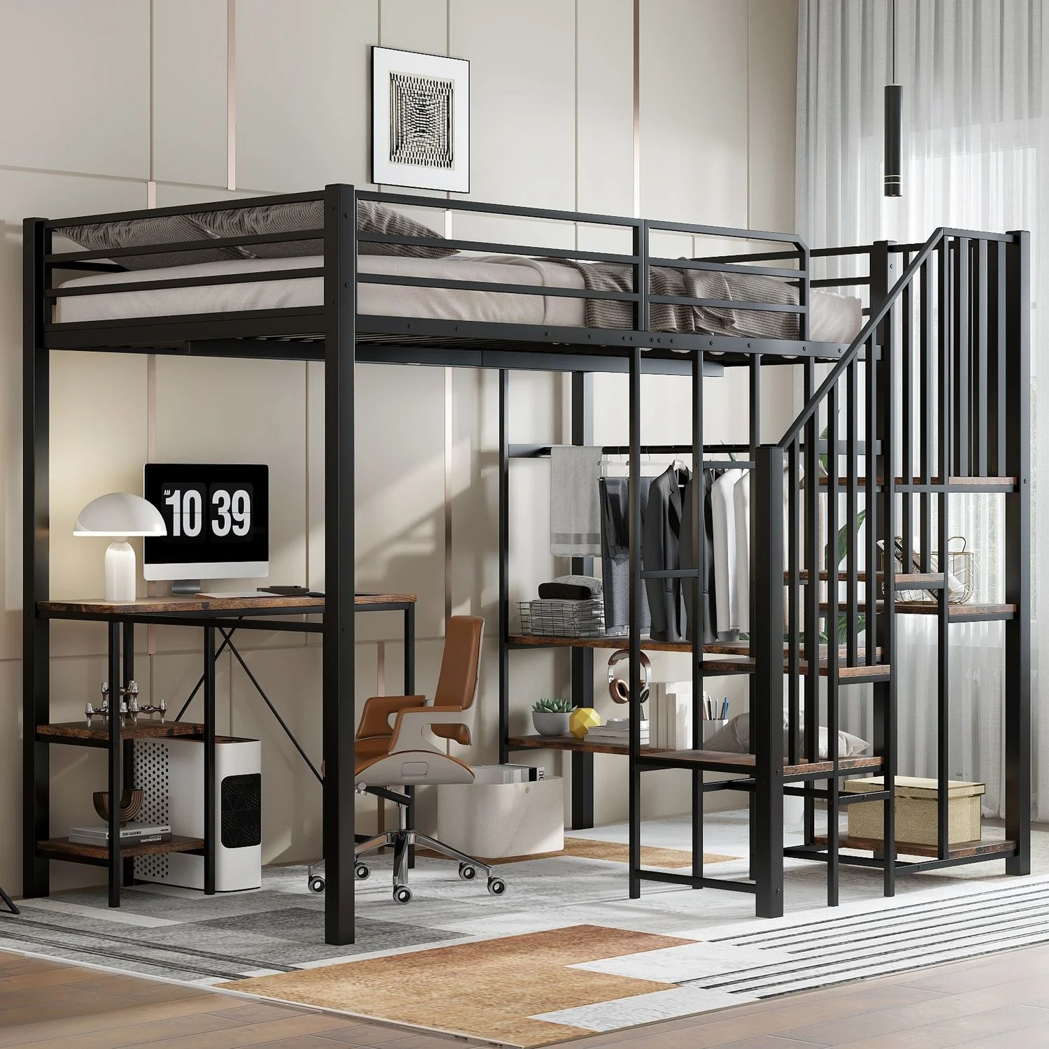 Etagenbett aus Metall mit Schreibtisch & offenem Kleiderschrank, 120x200 cm, Schwarz, ohne Matratze