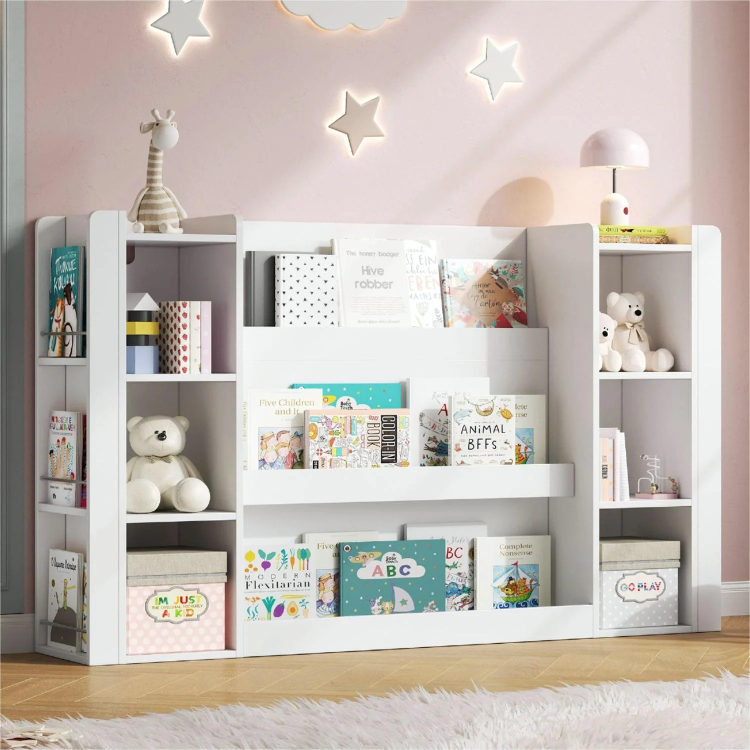 Merax Kinderregal, Bilderbuchregal mit Stauraum, Kinderschrank & Kinderbuchregal, Holzmöbel für Kinderzimmer, Weiß, 140 x 30 x 95 cm