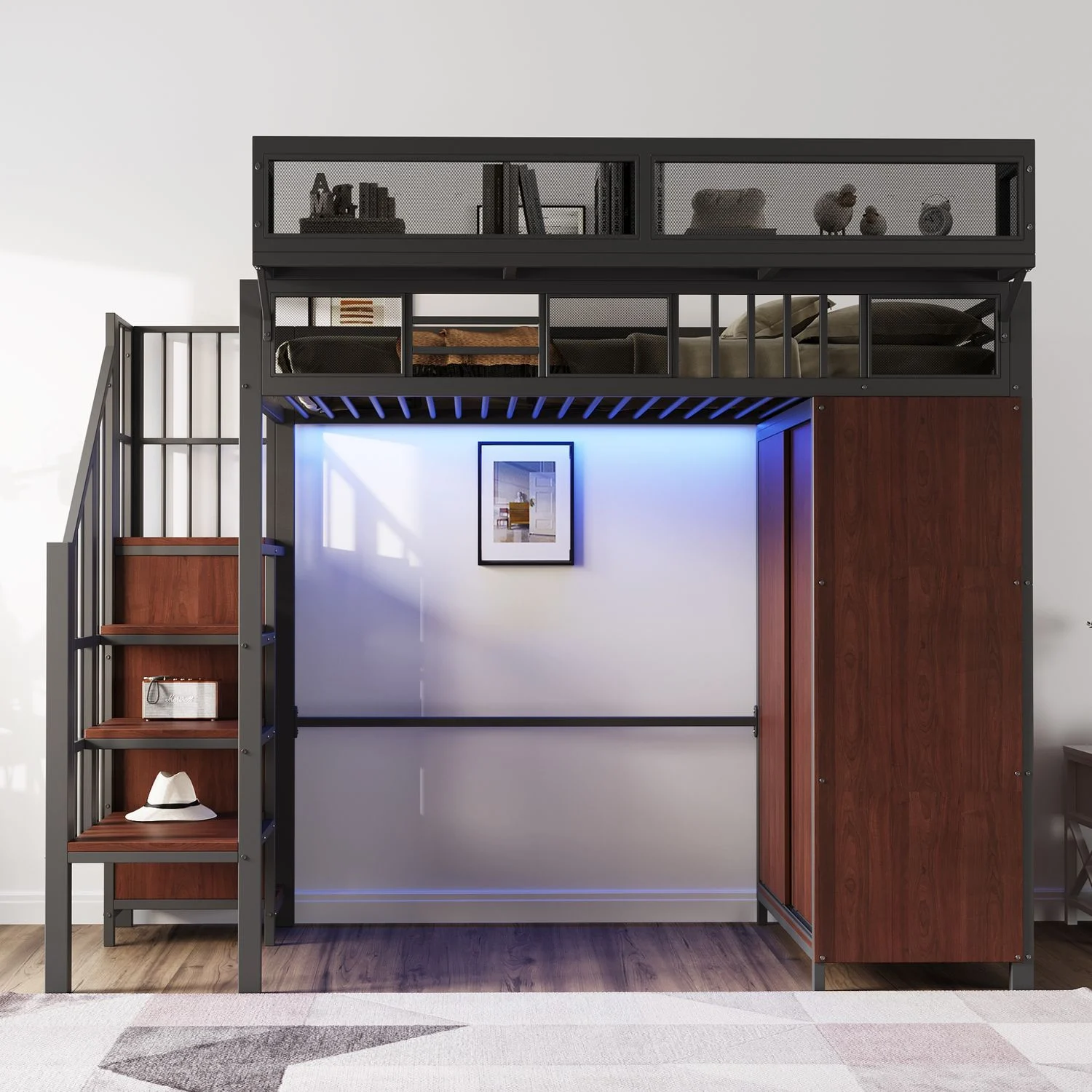 Merax Hochbett 90 × 200 cm Kinderbett, Jugendbett, Einzelbett, Mit Kleiderschrank, Sicherheitsleiter, LED-Beleuchtung und Schutzgittern Aus Netzgewebe Mit Abnehmbaren Regalen, Schwarz