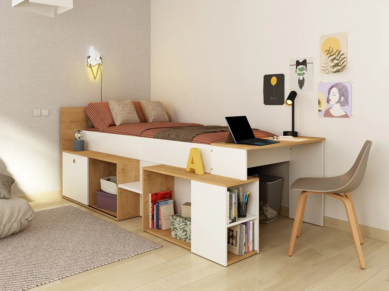Vente-unique - PALOMA Bett Holz, Platte BeigeWeiß - B 117,6 cm x H 95,5 cm x L 238,9 cm