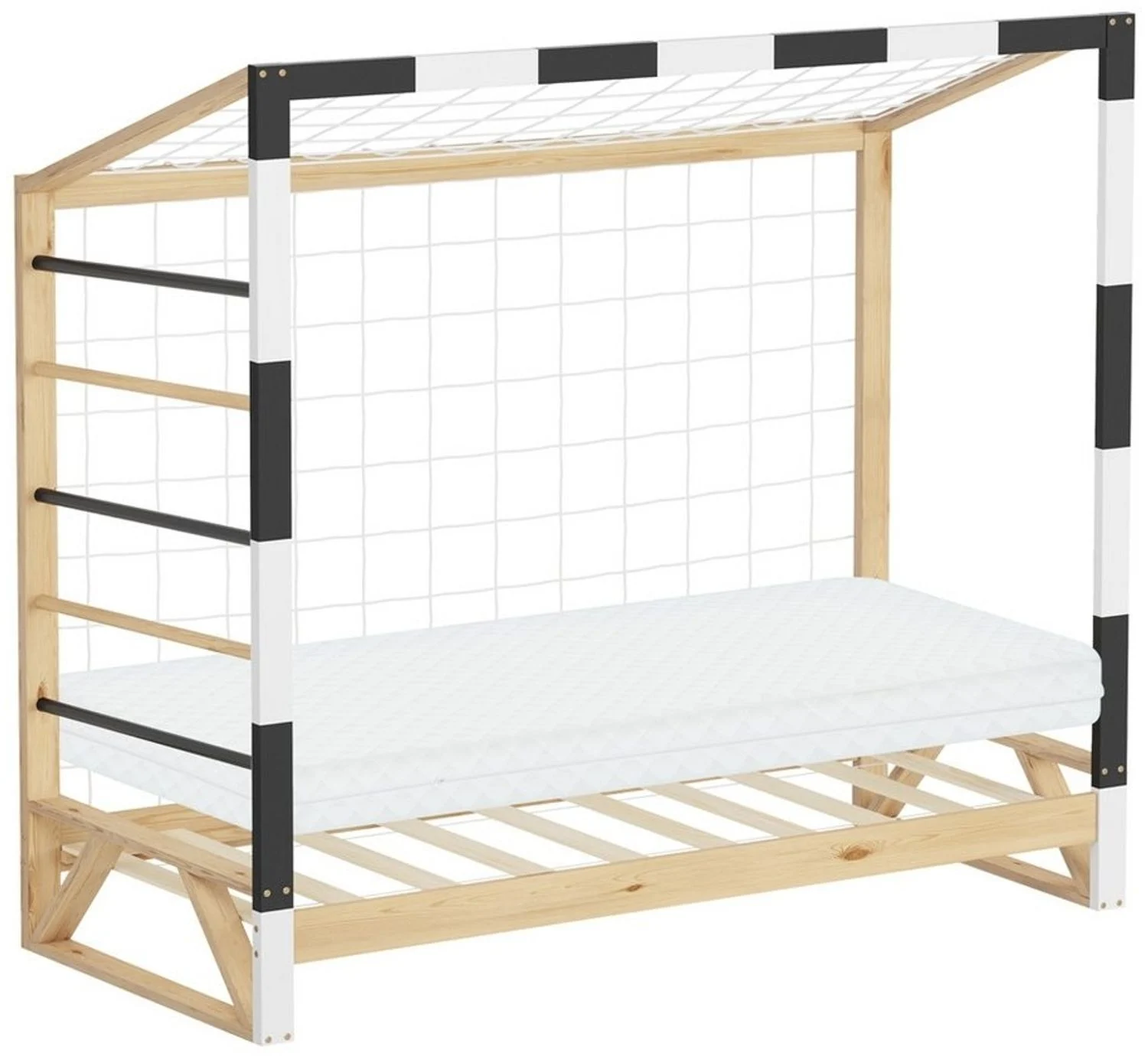 ML-DESIGN Spielbett Kinderbett Fußballtor Holzbett mit Lattenrost Kletterleiter & Netz, Abenteuerbett 80x160cm Natur Handballtor aus Kiefernholz mit Matratze