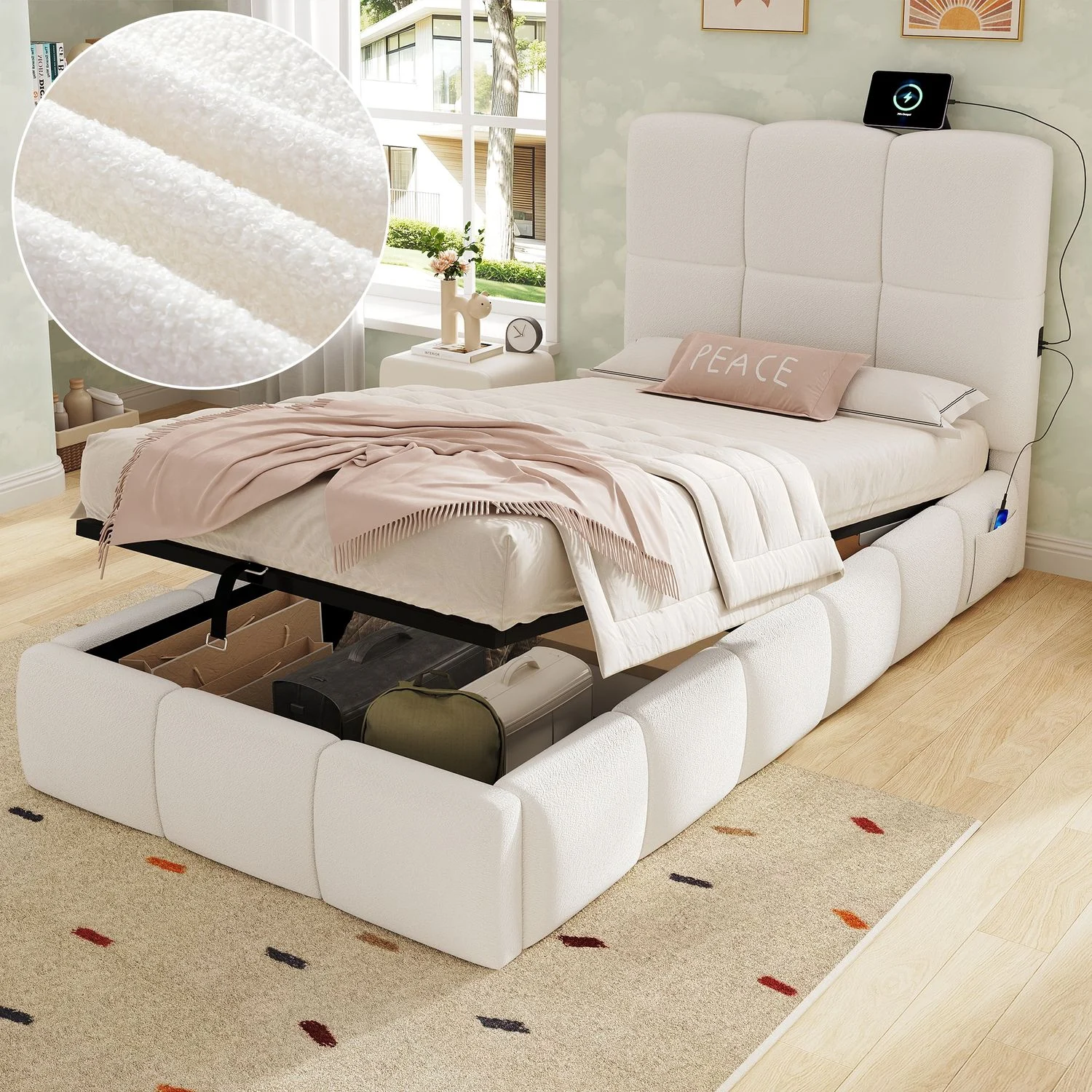 Merax Polsterbett, Einzelbett, Kinderbett 90 x 200cm, hydraulisches Funktionsbett, Bett mit Lattenrost, Kopfteil, großem Stauraum und USB-Ladeanschluss, gepolstertes Kopfteil, bouclé, beige