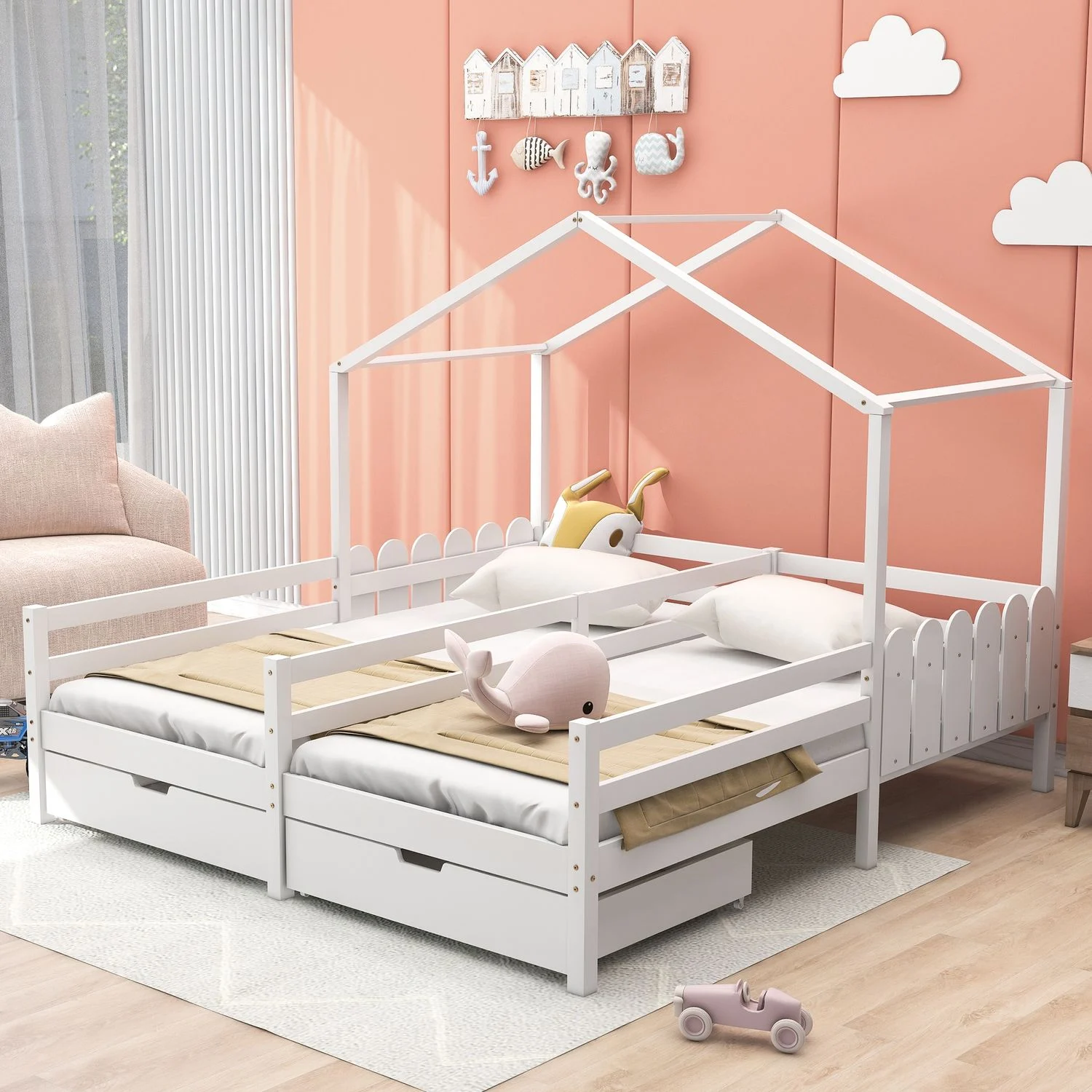 Haus-Doppelbett 208×188,5×158 cm – geteiltes Kinderhausbett mit 2 MDF-Schubladen auf Rollen, Kiefer-Massivholz-Lattenrost, Patchwork-Schutzzaun, Weiß