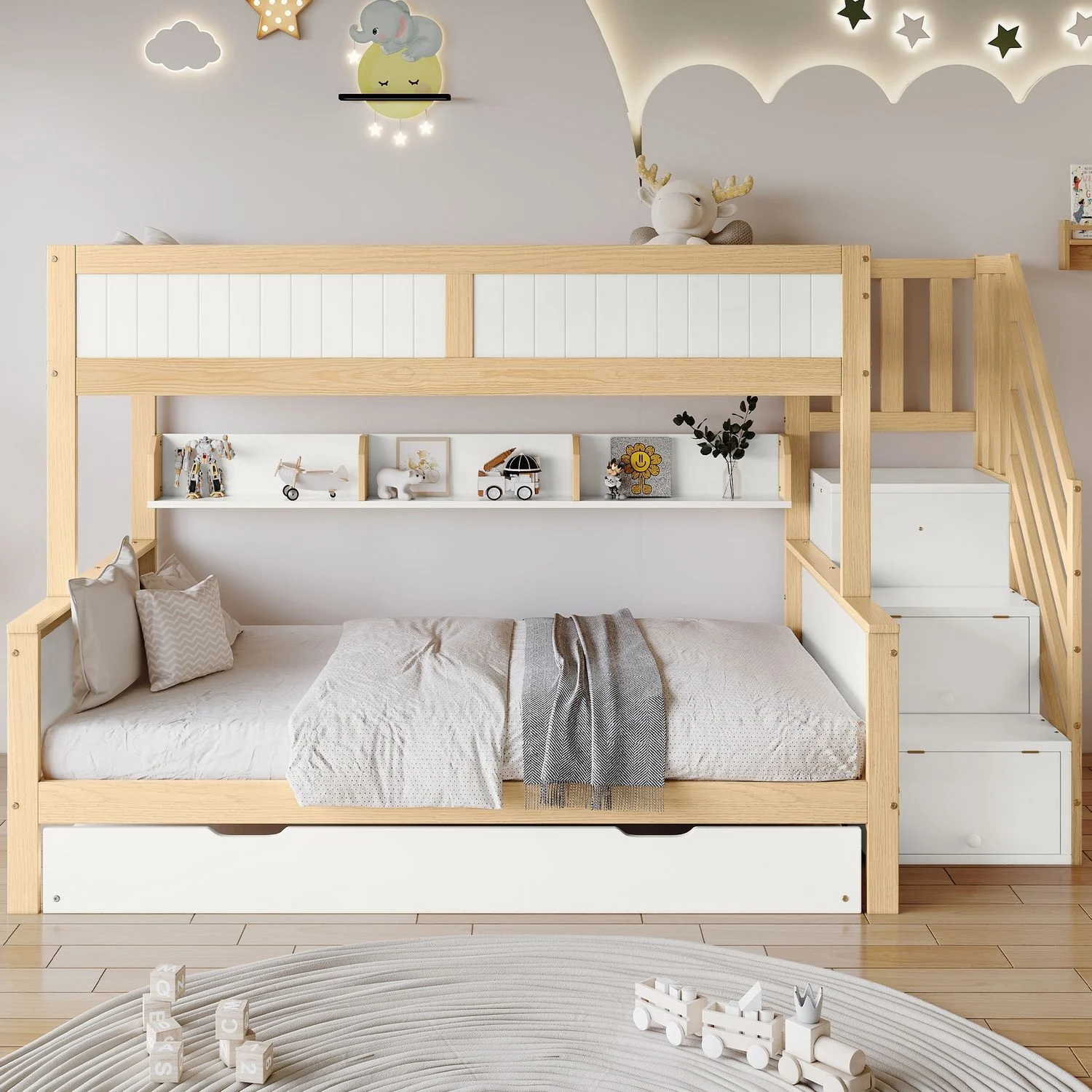 Bett 90x200 & 120x200 cm mit Rollbett 90x190 cm, Stauraumtreppe und Kleiderschrank – Weiß/Natur