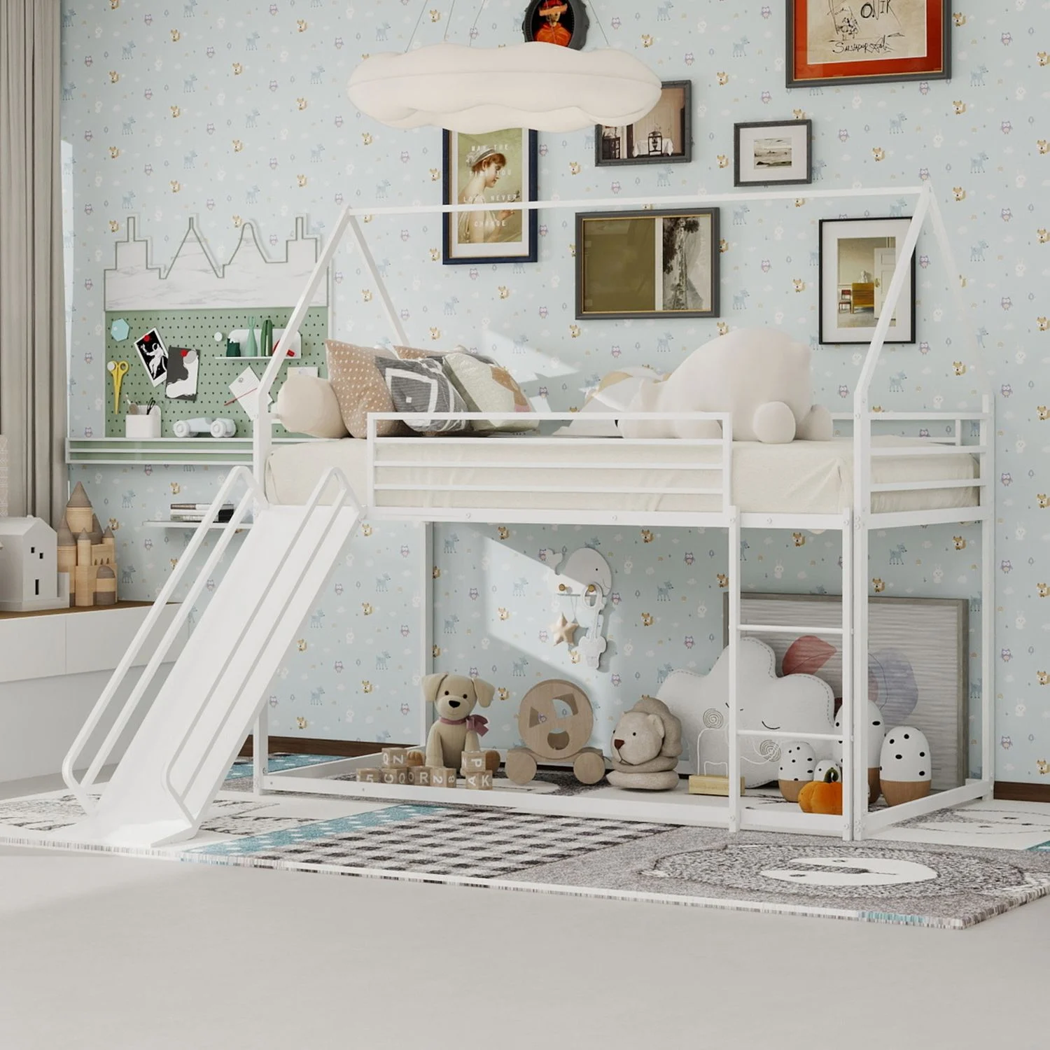 Die Doppelstockbetten haben eine Größe von 90*190 cm. Das Kinderbett verfügt über eine Rutsche. Das hausförmige Bettgestell mit Leiter erfordert kein Federbettgestellund ist leicht zusammenzubauen.