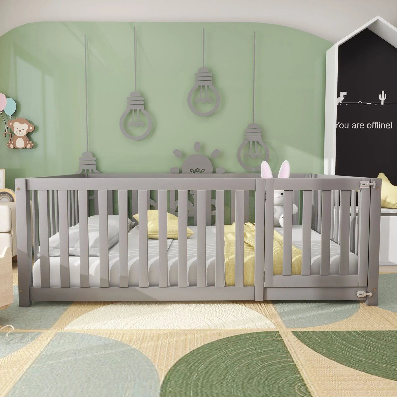 Graues Bodenbett 140x200 cm Mit Sicherheitszaun Und Tür Kinderbett Ohne Lattenrost Spielbett Mit Kreis Design Massivholz Bodenbett Vielseitiges Bett Für Kinderzimmer