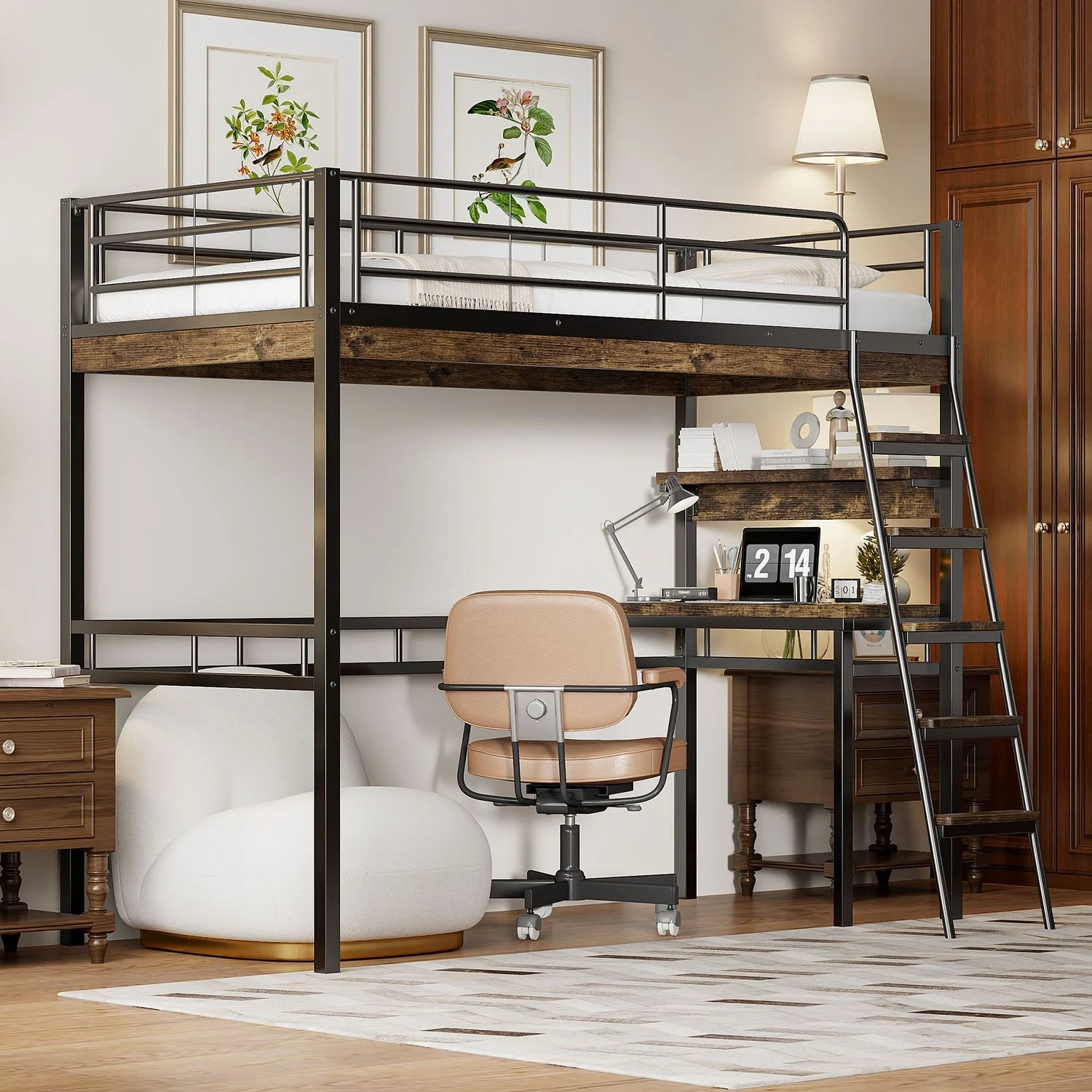 Hochbett 90 x 200 cm mit Schreibtisch und Regalen, Metallrahmen schwarz, EN747‑zertifizierter Rausfallschutz