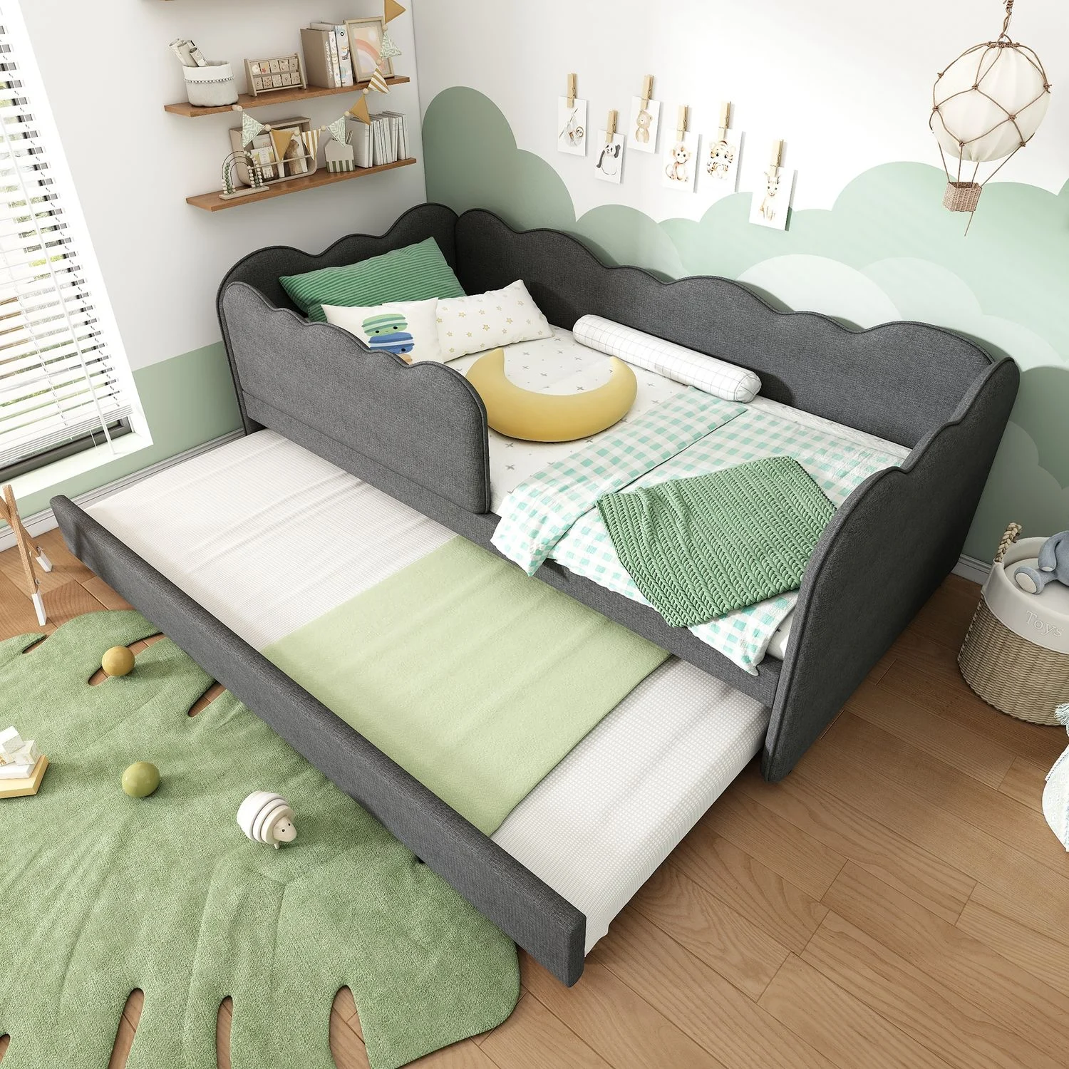 Daybett Schlafsofa mit Ausziehbett 90x190 cm, ohne Matratze, Leinen Grau, 99x197x70 cm
