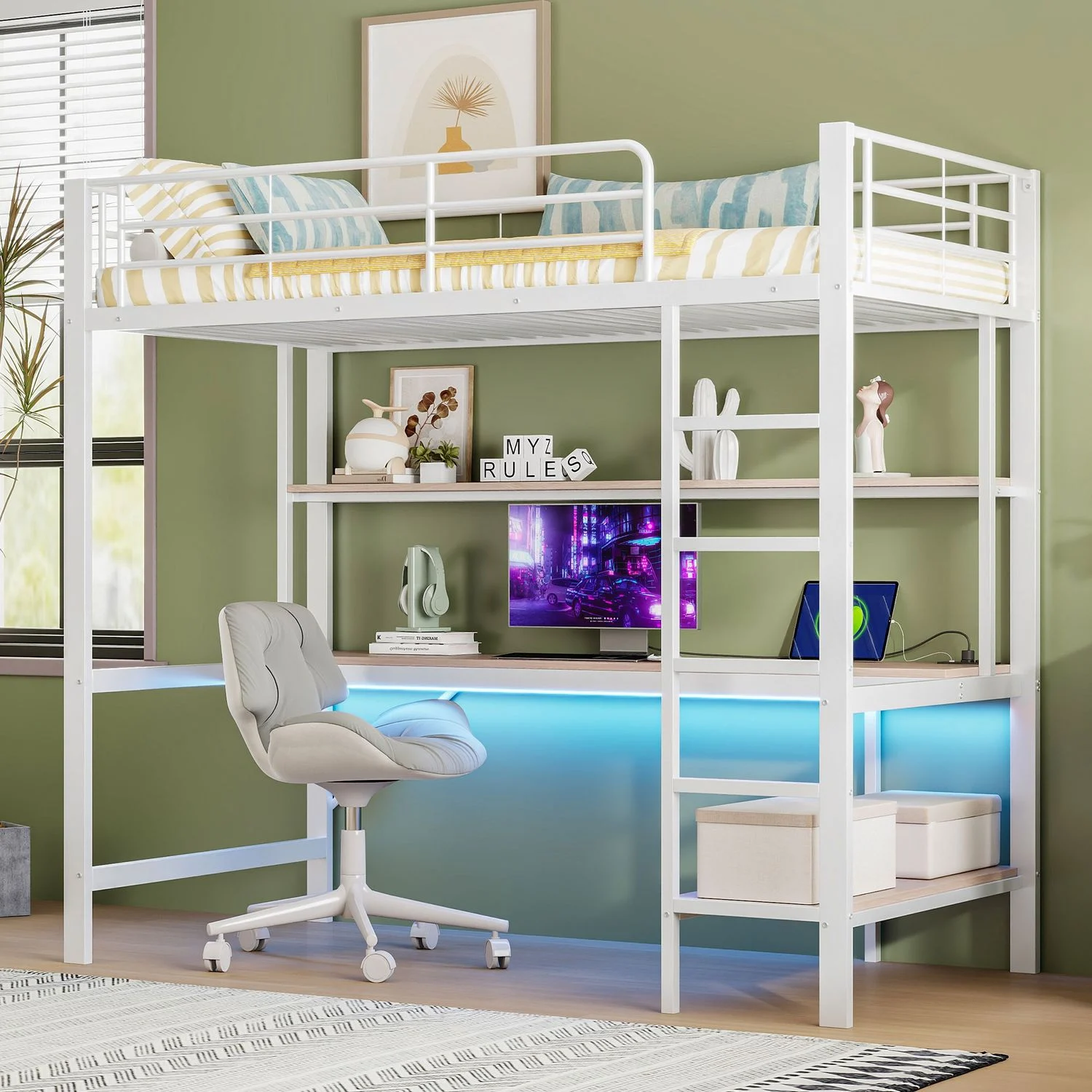Hochbett Metall mit Schreibtisch, Regal, LED & USB-Anschluss, 90x200 cm, Weiß, ohne Matratze