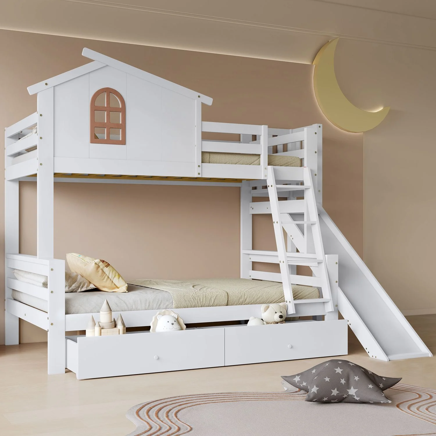 Merax Etagenbett, Kinderbett, mit 2 Schubladen mit charakteristischen Fenstern & vierstufiger Kipptreppe, mit Rutsche, MDF & Kiefer Weiß, 90x200 & 120x200 cm