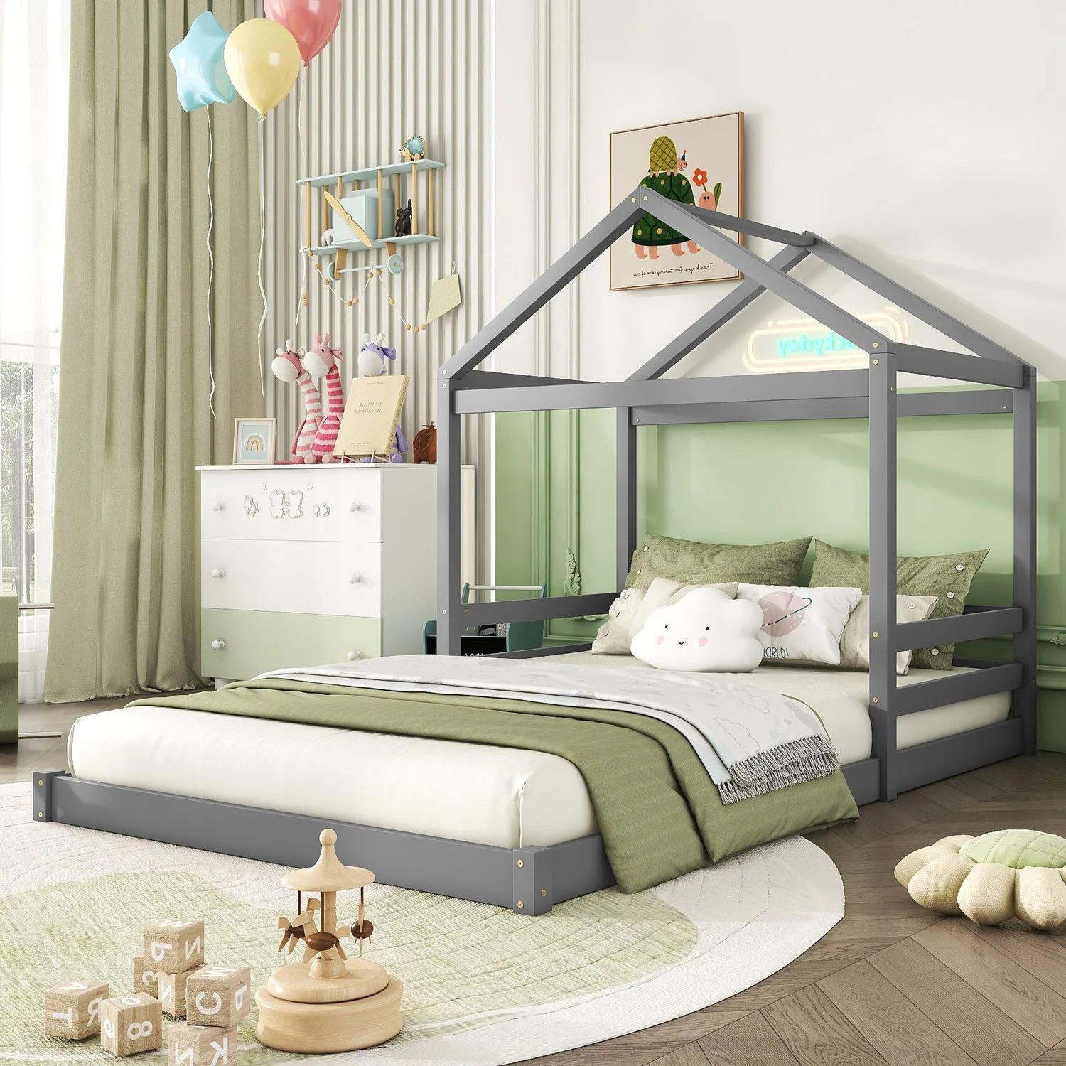 Kinderbett Hausform 140x200 cm, Kiefernholz & MDF, Lattenrost inklusive, graues Spielbett im modernen Stil