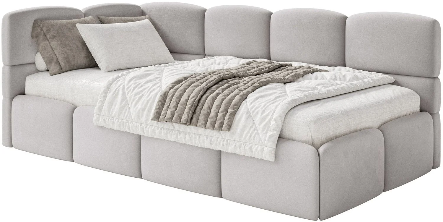 Selsey 'Cloudy' Jugendbett 120 cm, Bettkasten, Velours wasserabweisend, Kopfteil links, Hellgrau