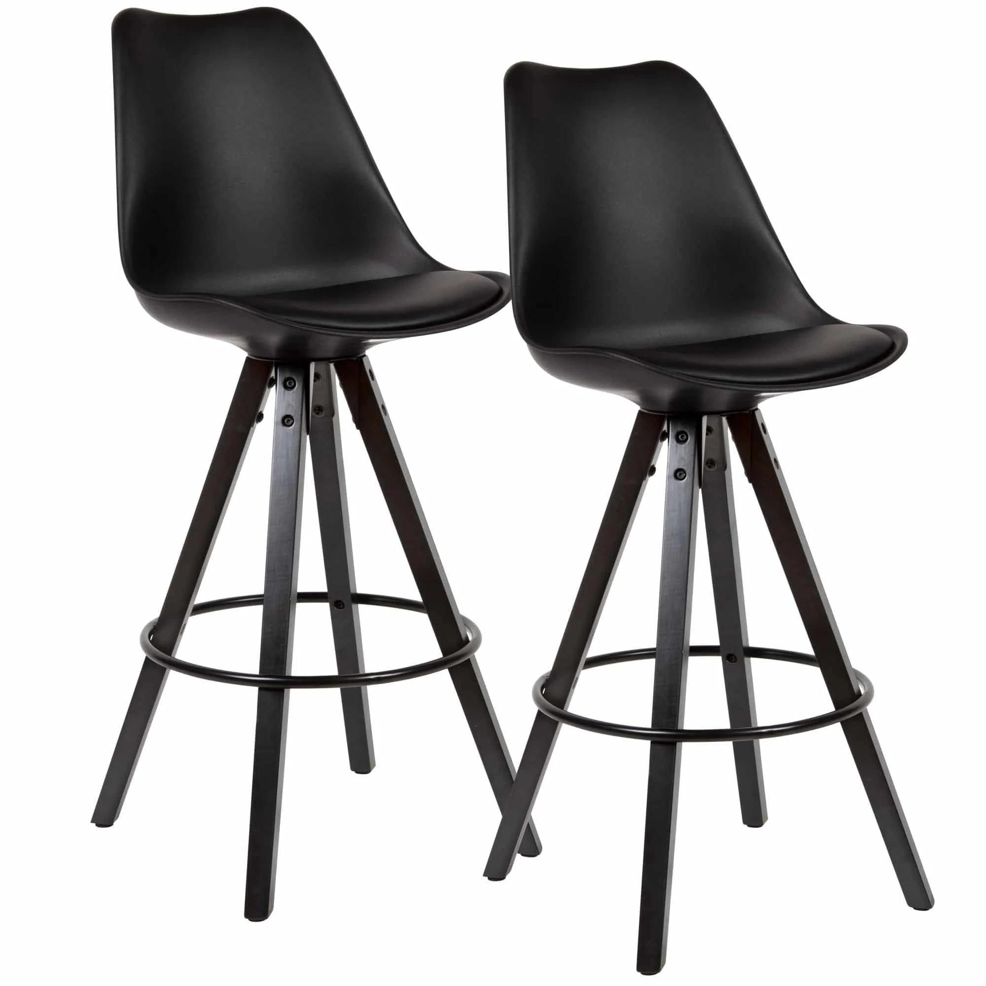 Skandinavische Eleganz: 2er Set Moderne Barhocker mit Schwarzem Kunstlederbezug und Massivholzbeinen