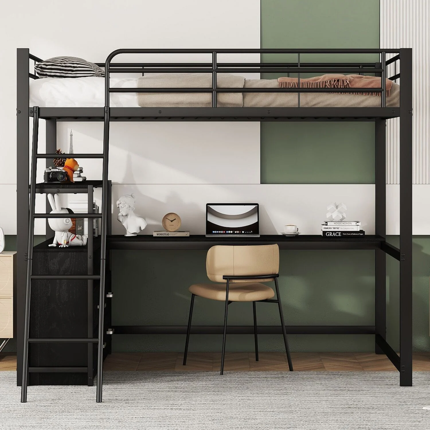 Bett 140x200 cm mit L-Schreibtisch und Schubladen – Hochbett mit Metallrahmen, Schwarz