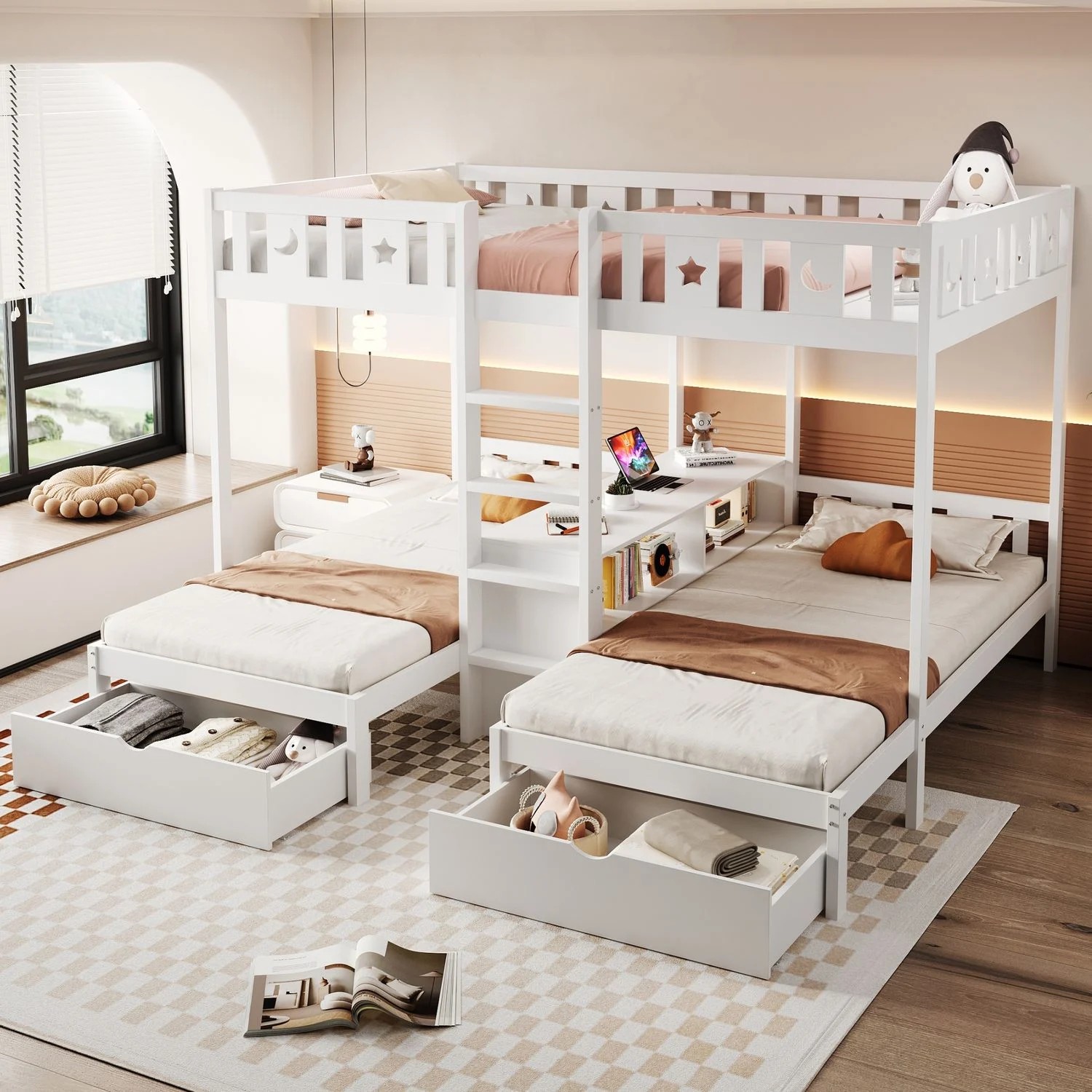 Hochbett mit Leiter, Stauraum und zwei Schubladen,Sicherheitsgeländer mit Stern- und Monddesign,oberes Bett 140×200 cm, unteres Bett 90×200 cm,Bettrahmen aus Massivholz,Dreifachbett,Kinderbett,weiß