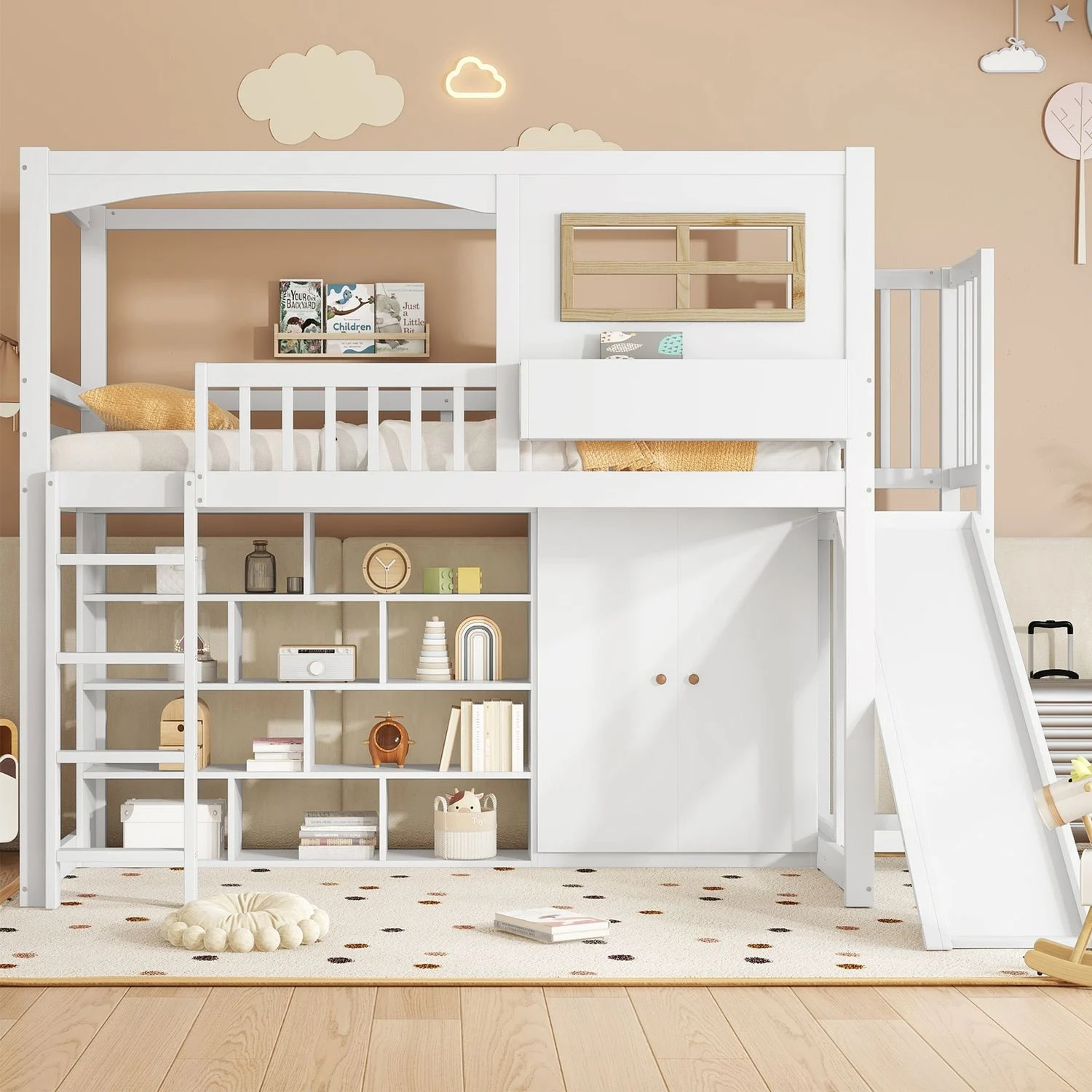 Bett 90x200 cm Etagenbett mit Rutsche und Kleiderschrank – Weißes Kiefer/MDF-Design, platzsparend