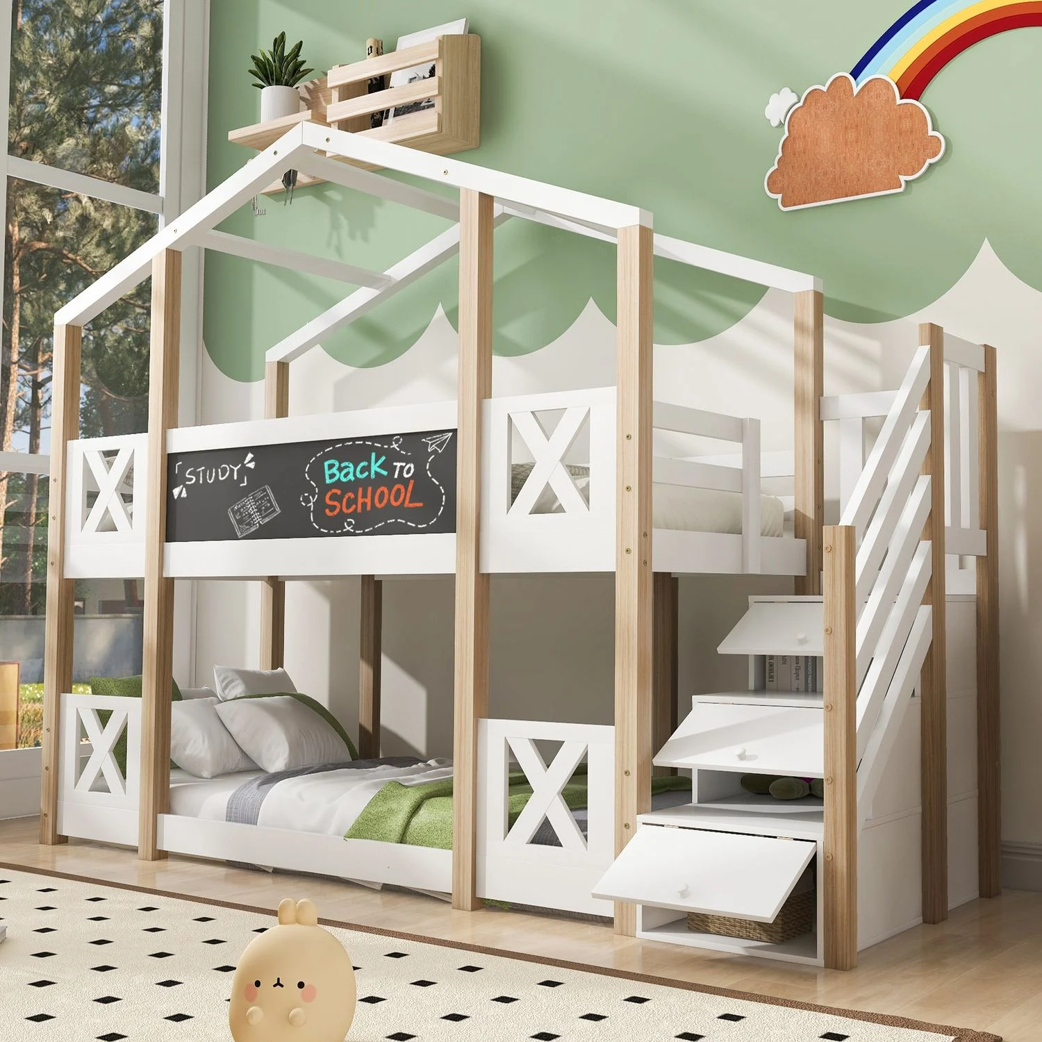 Kinderbett 90x200 cm Baumhaus mit Treppenschrank, Kreidetafel & Stauraum, Kiefer Massivholz, Weiß, sicher & funktional