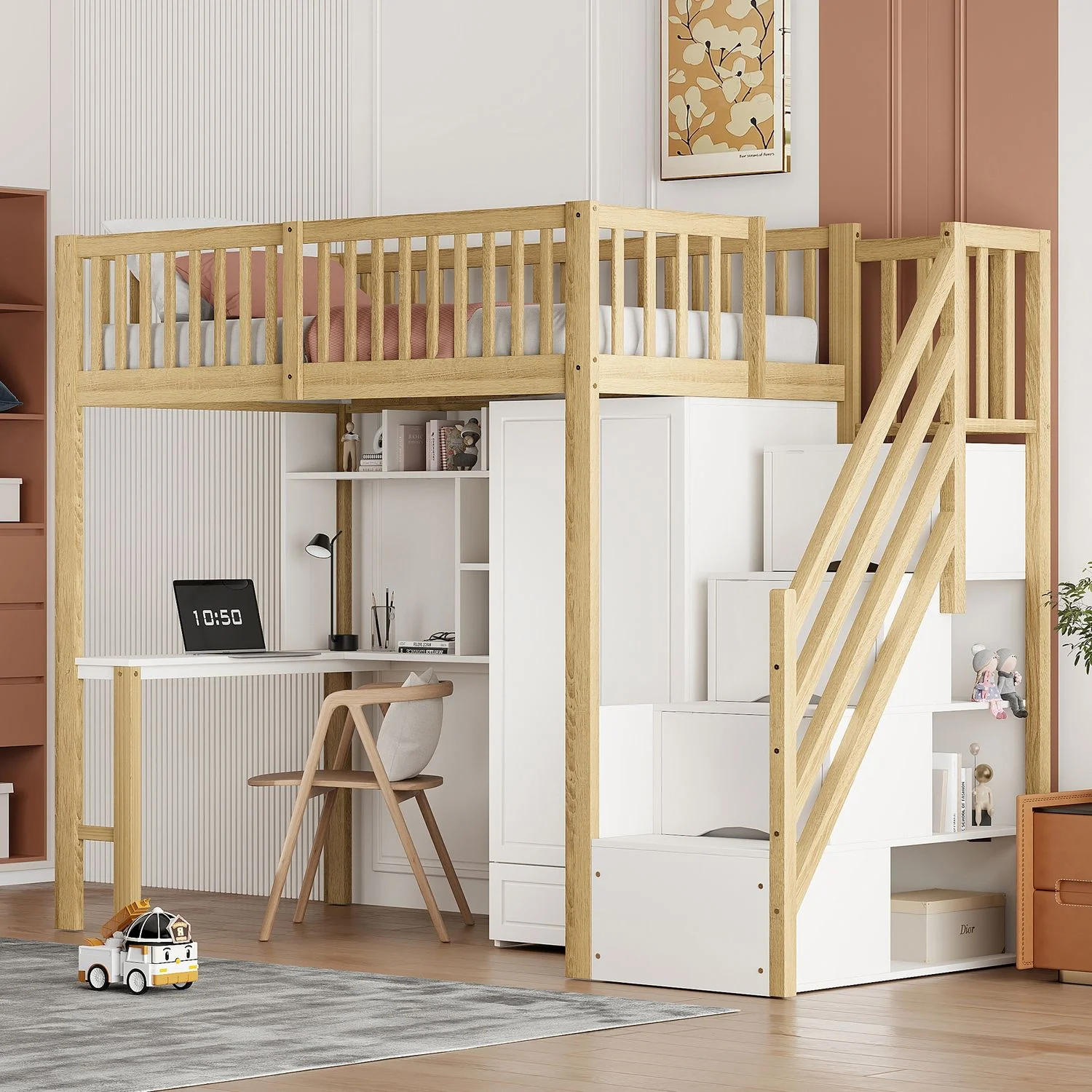 Hochbett All-in-One 90x200 mit Kleiderschrank, Tisch & Schubladen-Treppe - Weiß/Holz, multifunktional, platzsparend,Etagenbett