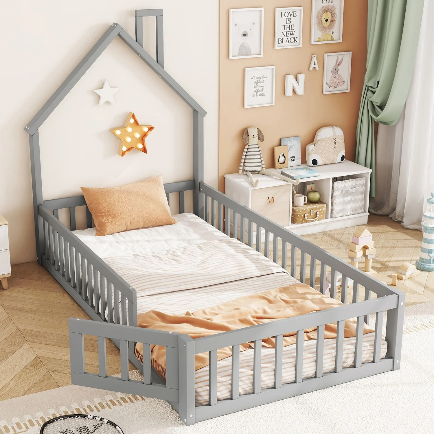 Kinderbett Hausbett aus Kiefernholz mit Lattenrost, 90x200 cm, Grau, ohne Matratze