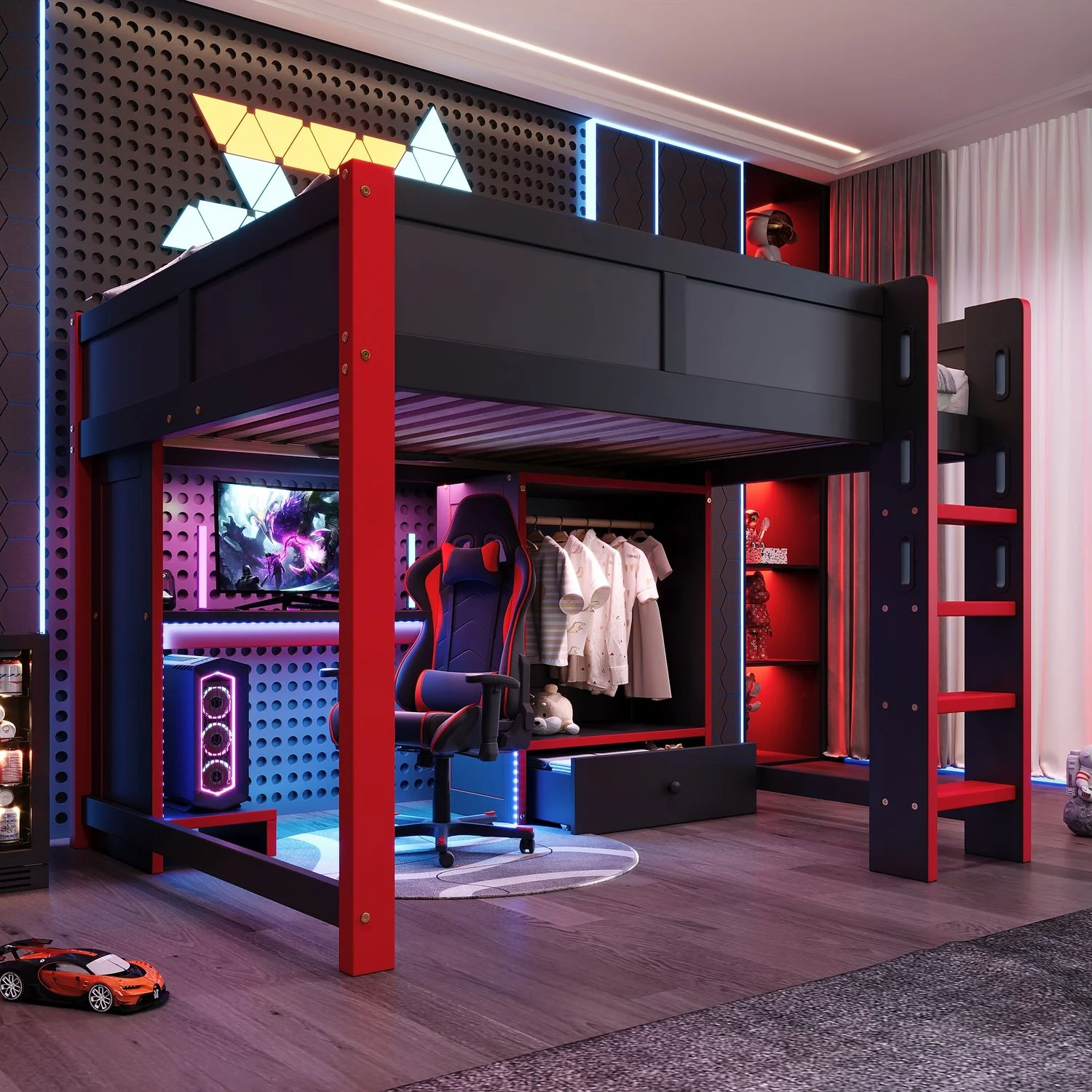 Merax Hochbett, Kinderbett 140x200 cm, mit LED-Beleuchtung, Gaming Bett mit Schreibtisch, Schreibtisch, Leiter, Kleiderschrank, großen Schubladen, schwarz + rot