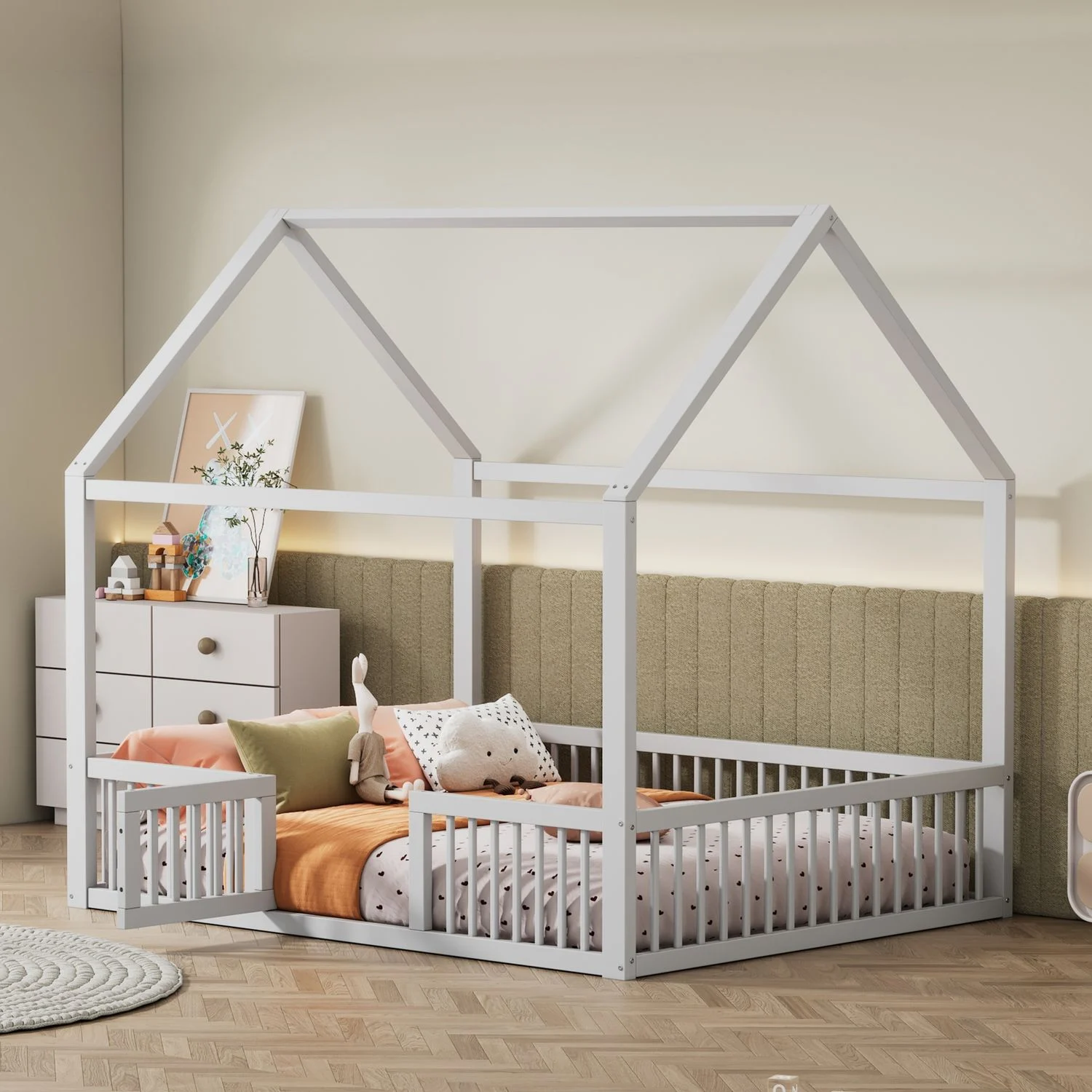 Kinderbett Hausbett aus Kiefernholz mit Sicherheitsgitter & Tür, 140x200 cm, Weiß, ohne Matratze