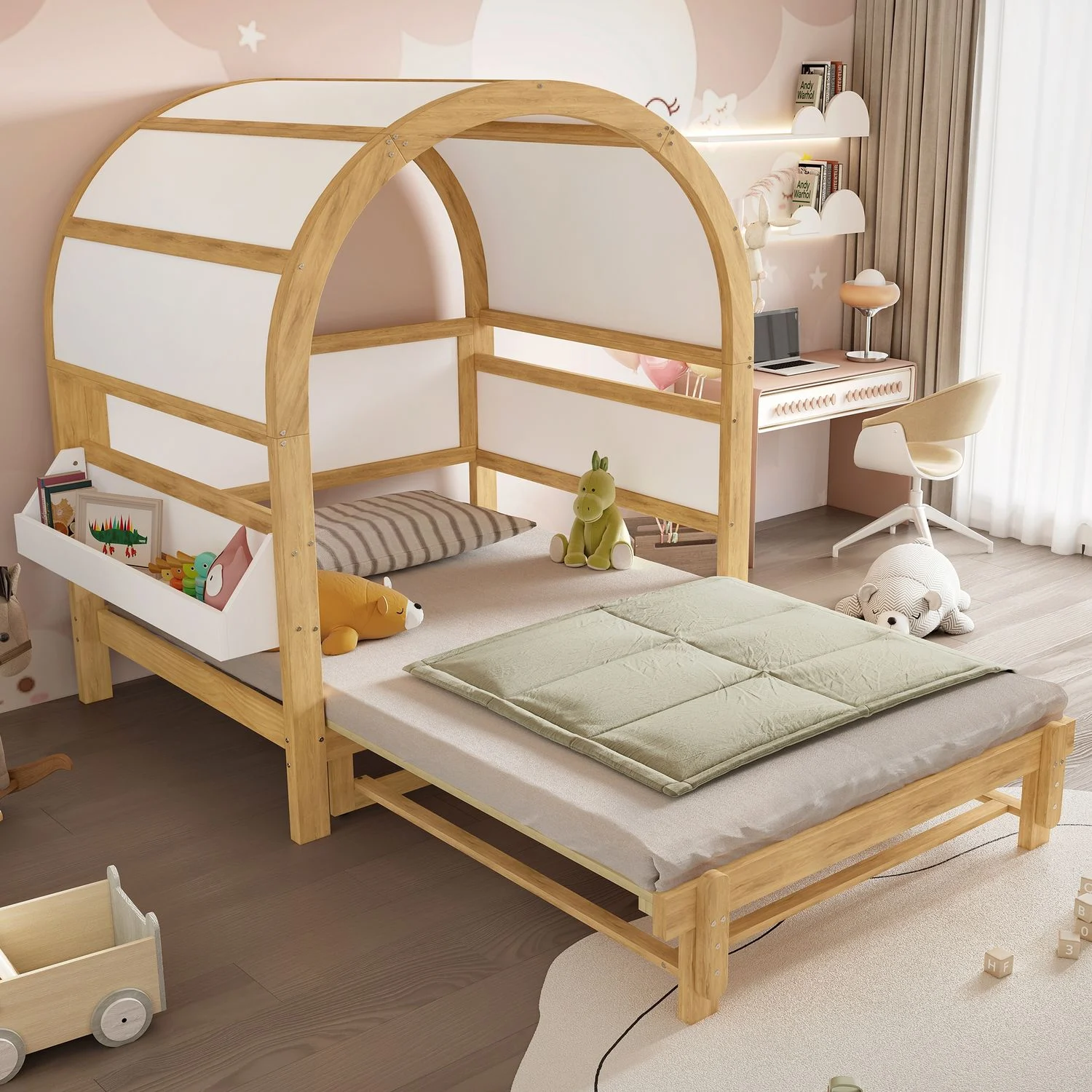 Kinderbett, Massivholz/MDF mit Ausziehbett & Ablage, 140x200 cm, Weiß/Natur, ohne Matratze