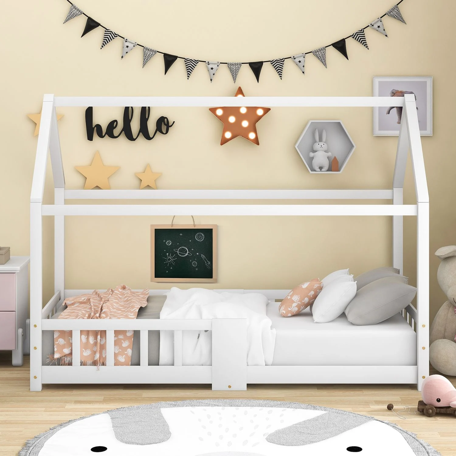 Kinderbett Hausbett 90x200 cm aus Massivholz, vierseitiger Rausfallschutz, Tafel inkl, Weiß