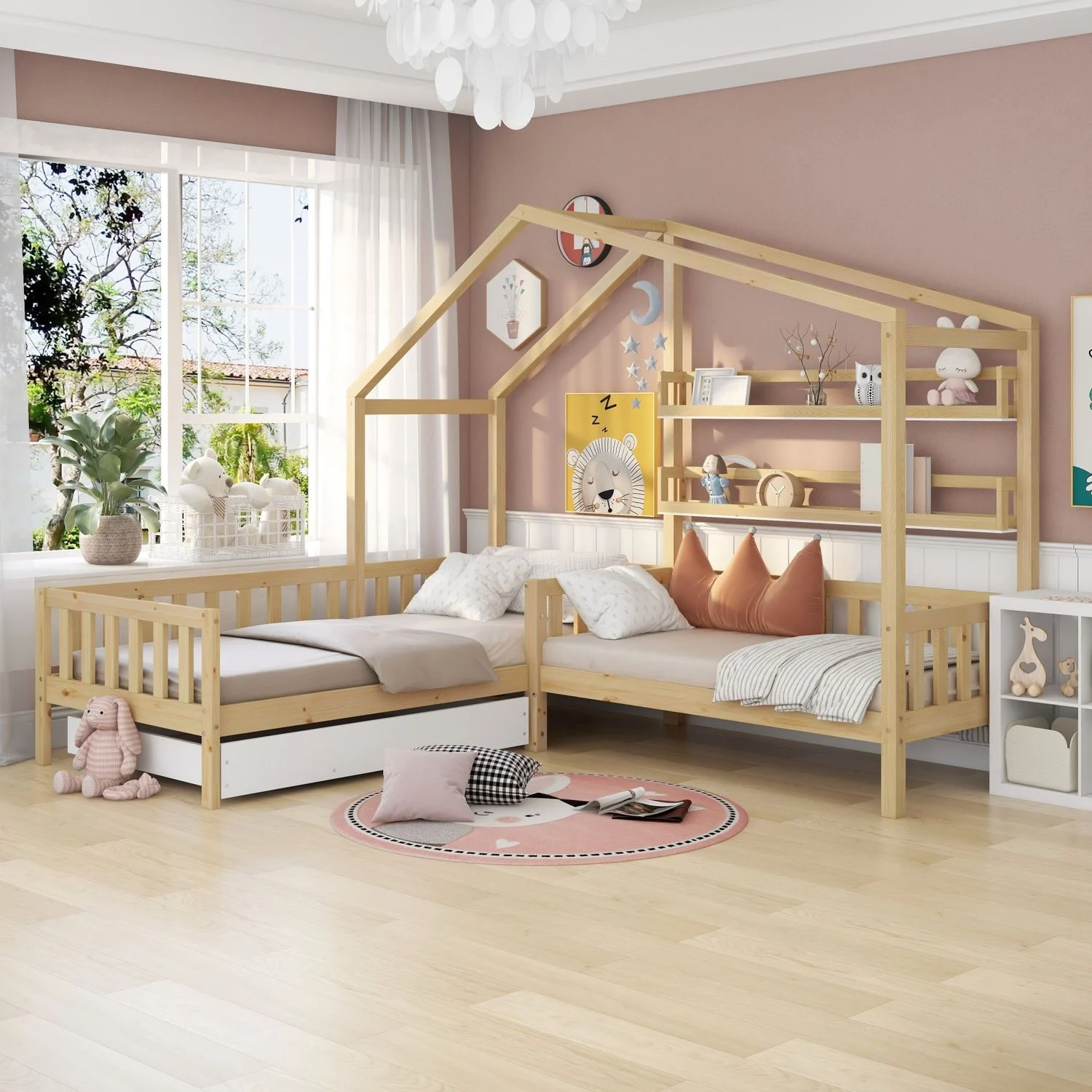 Kinderbett Hausbett L-Form mit Liegeflächen 90x200 cm + 140x70 cm, Massivholz, Schubladen & Regale, Natur