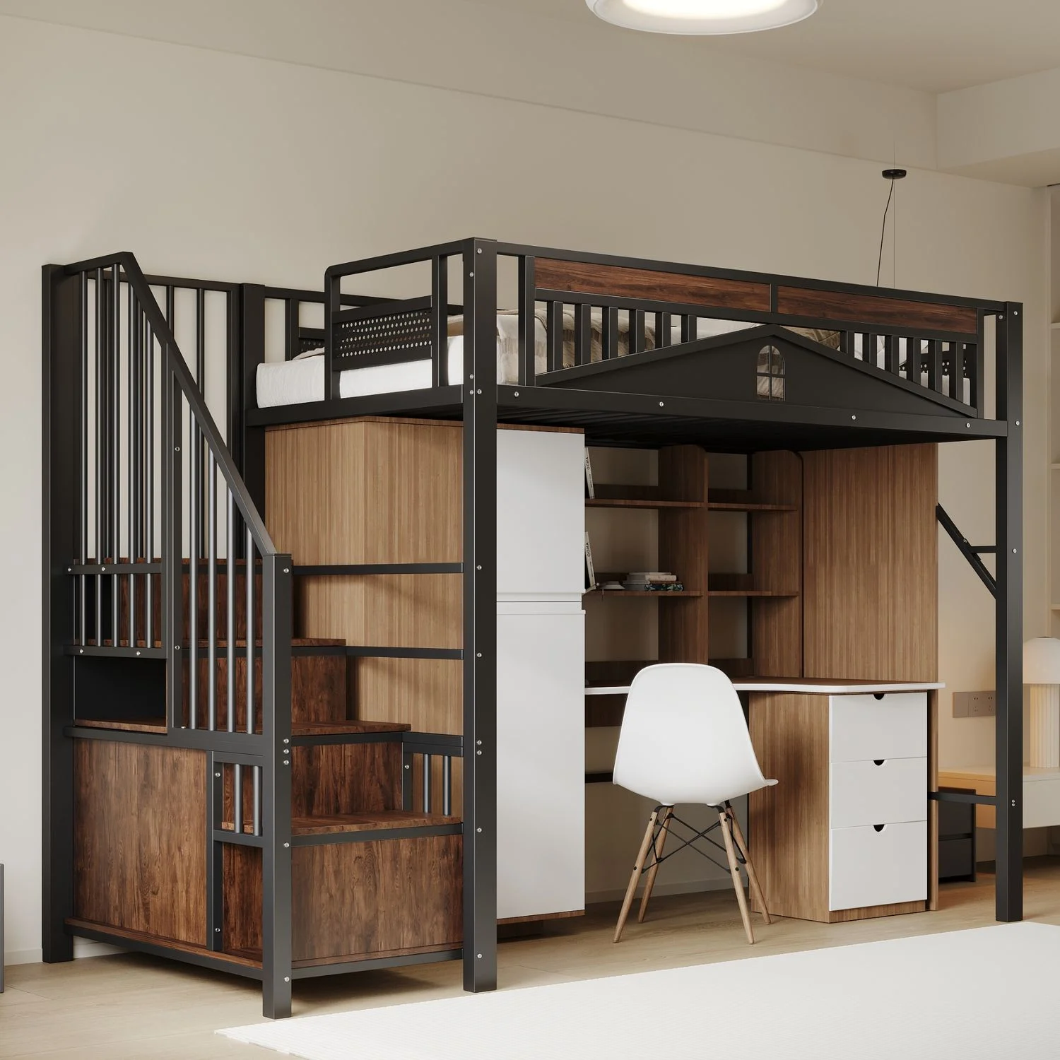 Hochbett aus Metall mit Staumtreppe & Sicherheitsgitter, 90x200 cm, Schwarz, ohne Matratze