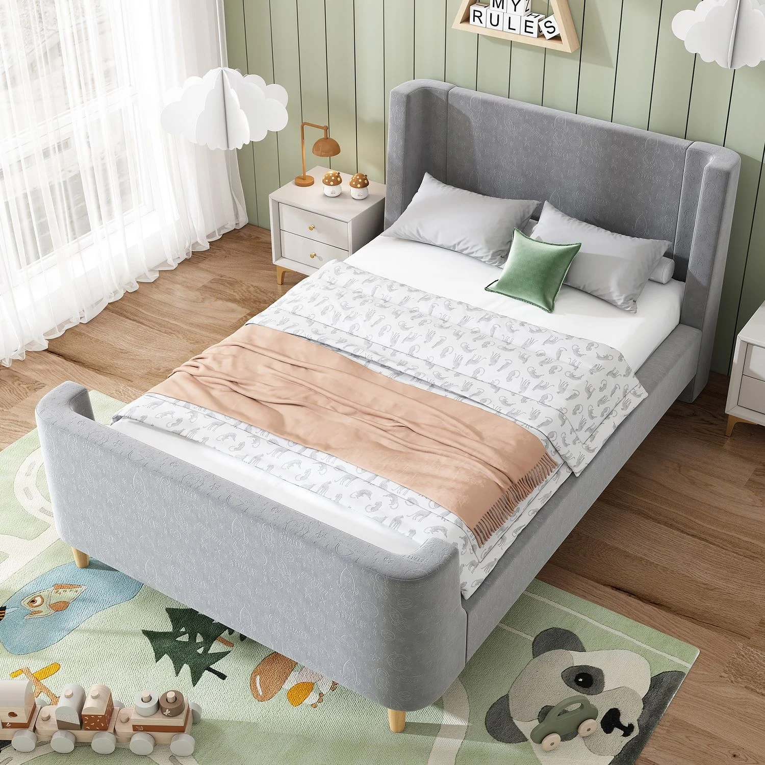 Kinderbett Schlittenbett, Samt mit Weltraum-Muster & Lattenrost, 99x212x76 cm, Grau, ohne Matratze
