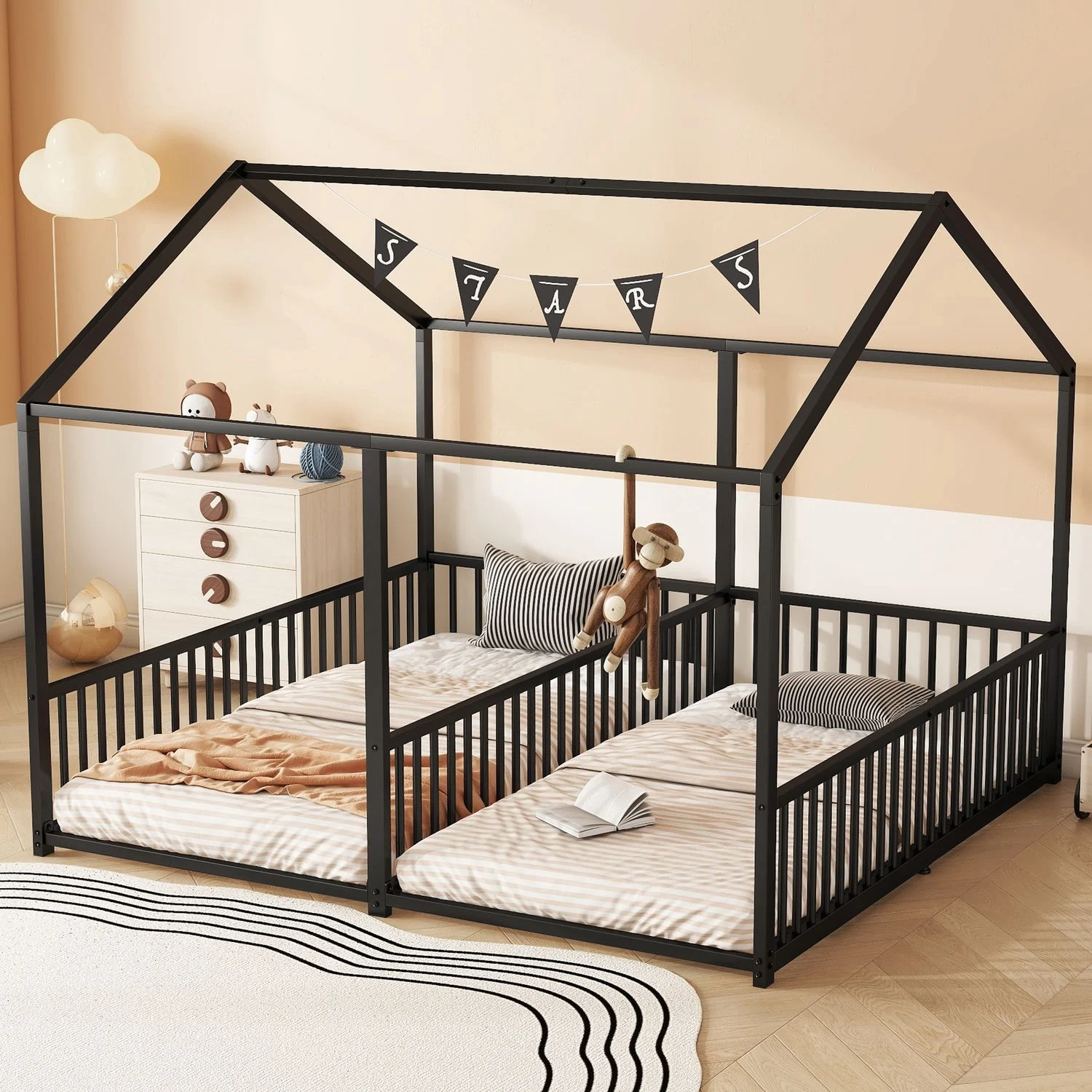 Etagenbett Metall in Hausform mit Leiter & Geländer, 90x200 cm, Schwarz, ohne Matratze