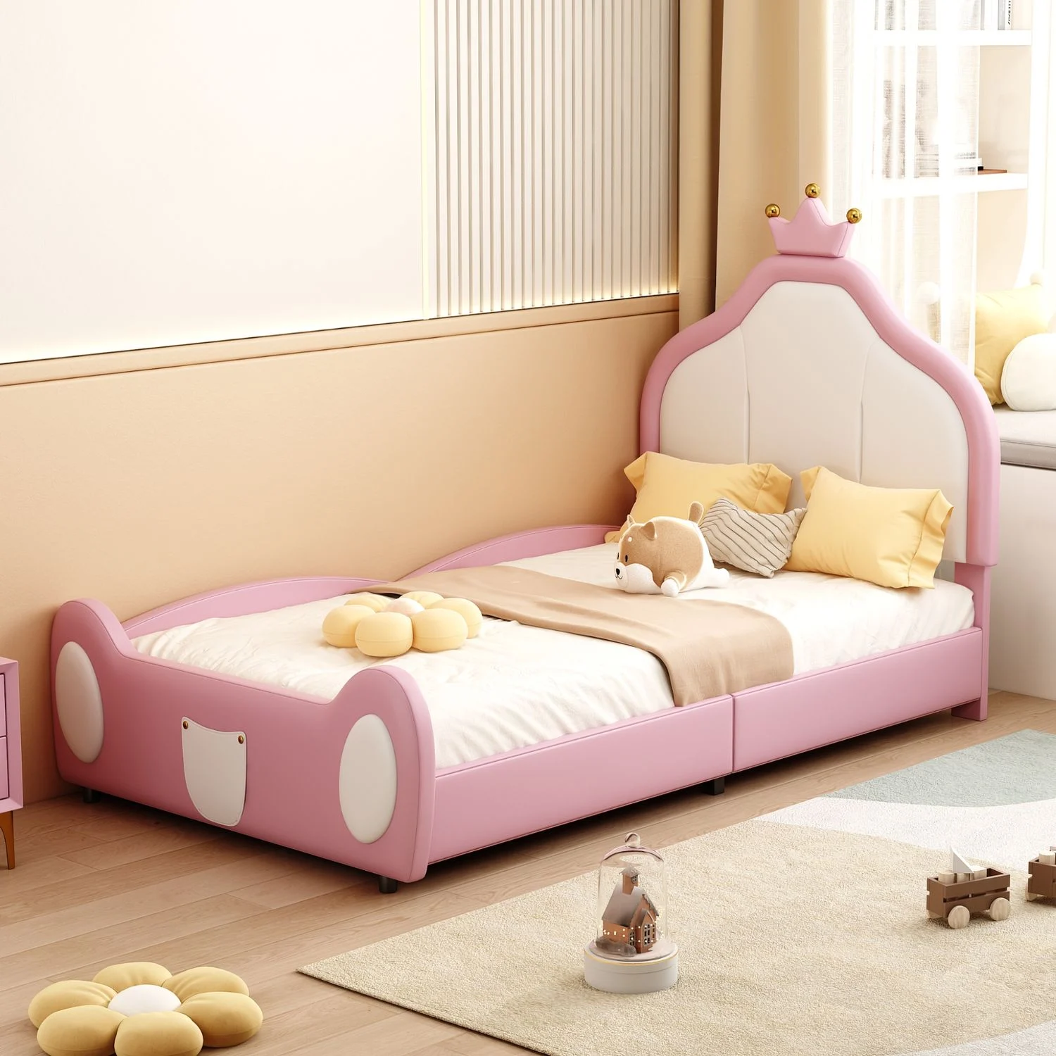Kinderbett, Kunstleder mit Kronenkopfteil & Lattenrost, 90x200 cm, Rosa/Weiß, ohne Matratze