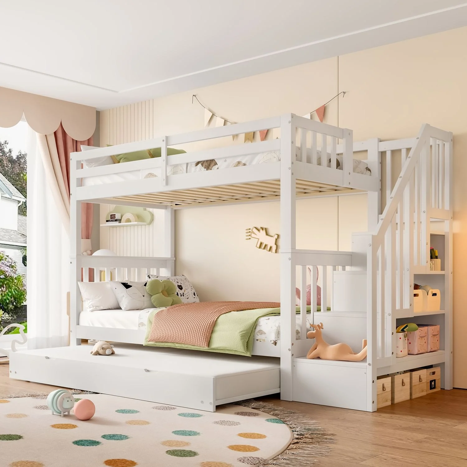 Etagenbett aus Kiefernholz mit Treppenregal & ausziehbarem Rollbett, 90x200 cm, Weiß, ohne Matratze