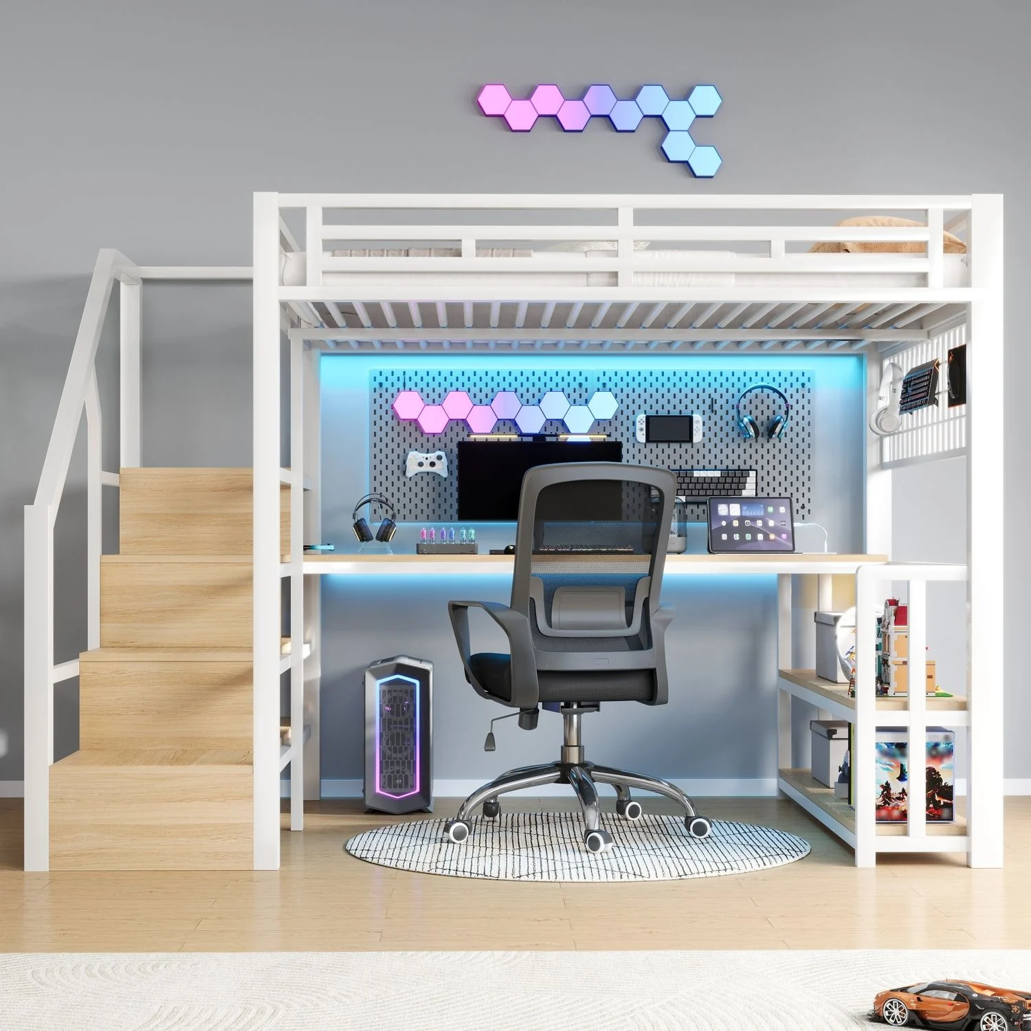 Merax Hochbett, 140 x 200 cm, Kinderbett mit Lagerregal, Hängendes Gitter, LED-Lichtleiste, Schreibtisch, Treppenkonstruktionen mit Stauraum,mit 2 USB-Anschlüssen und 1 Typ-C-Buchse, Weiß