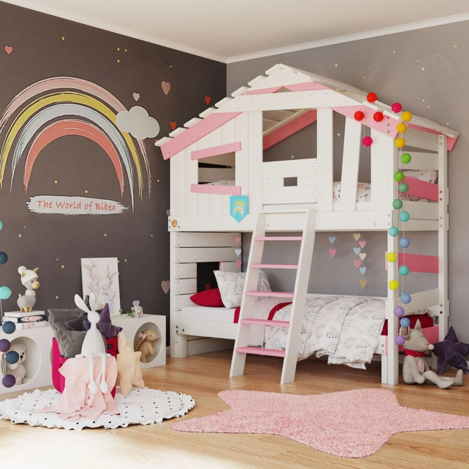 BIBEX ‘Alpin Chalet‘ Hochbett mit Unterbett und Türchen, massive Kiefer, weiss/rosa, 90 x 200 cm
