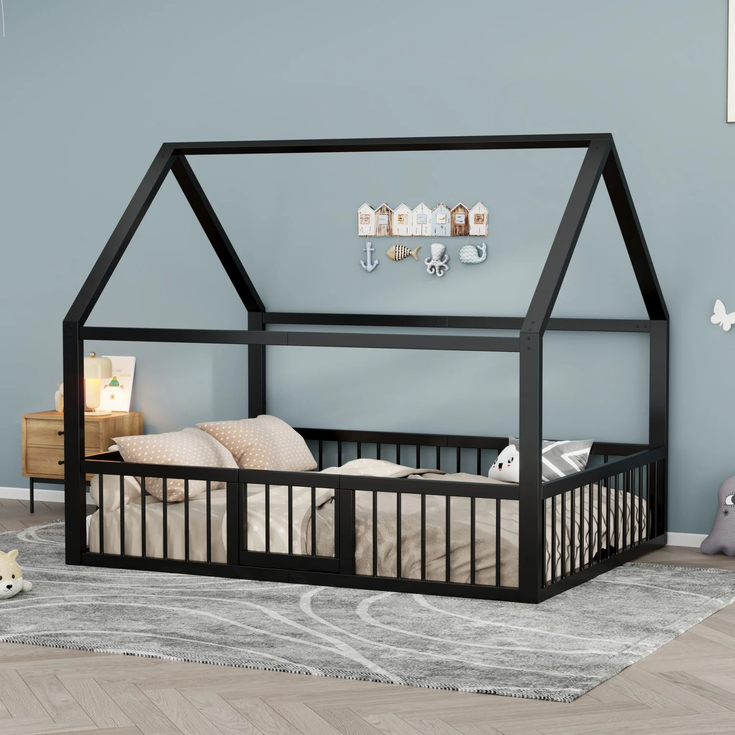Merax Doppelbett, Metallbett, 140 x 200 cm, Eisenbett, Kinderbett, Ohne Matratze, Brüstung, Schwarz