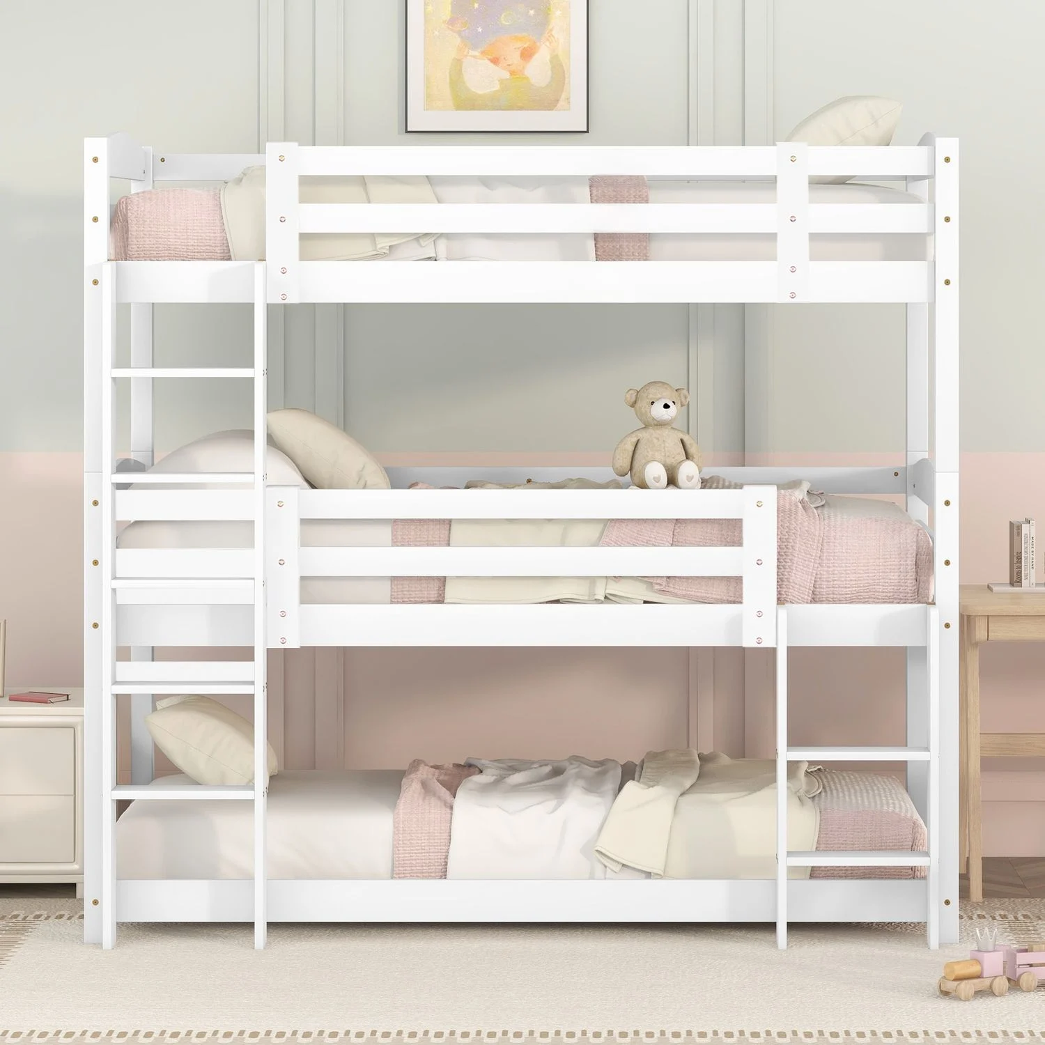 Bett 90x200 cm Dreifach-Etagenbett aus Kiefernholz, platzsparend und sicher