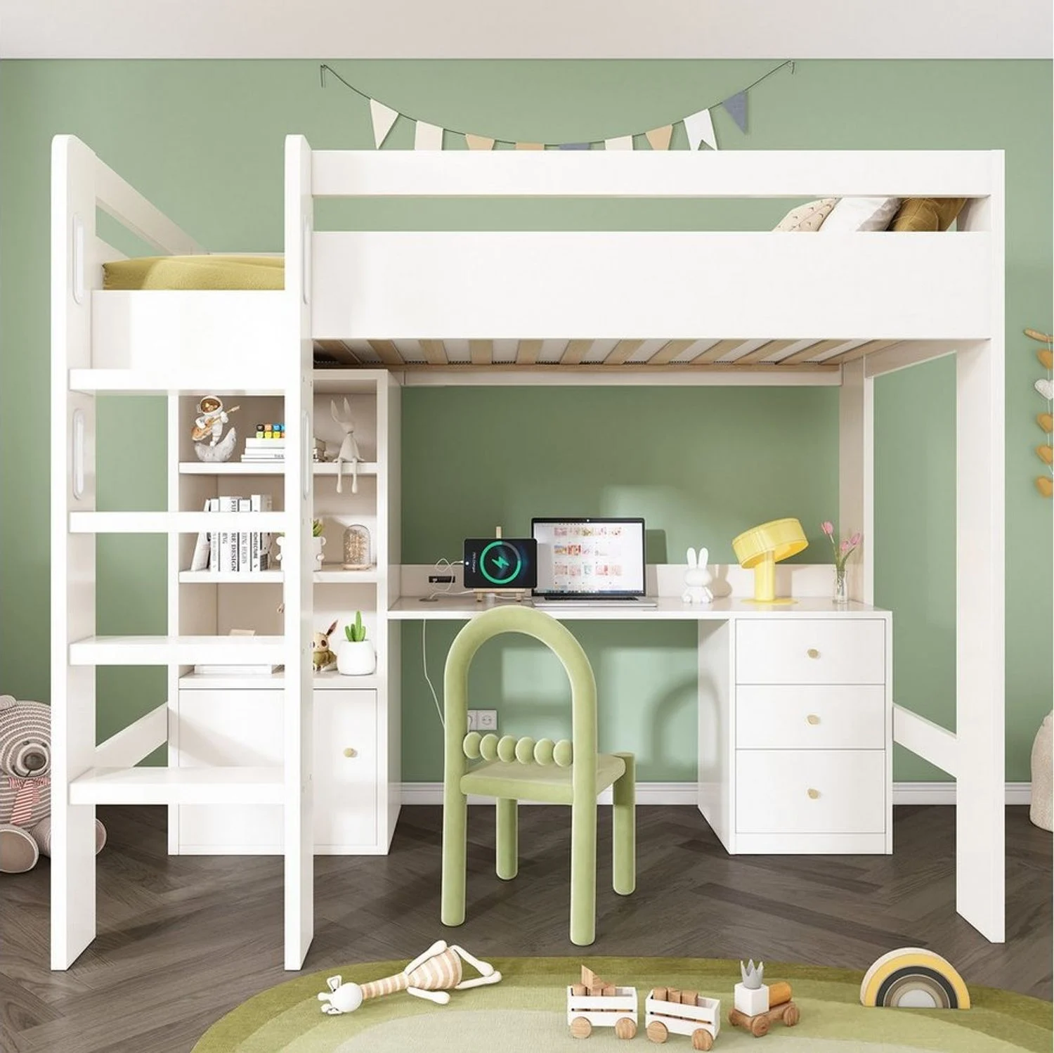 Ulife Hochbett Kinderbtt mit USB-C Schreibtisch, Kleiderschrank und Aktenschrank Jugendbett Einzelbett mit Treppe und Lattenrost, 90x200cm