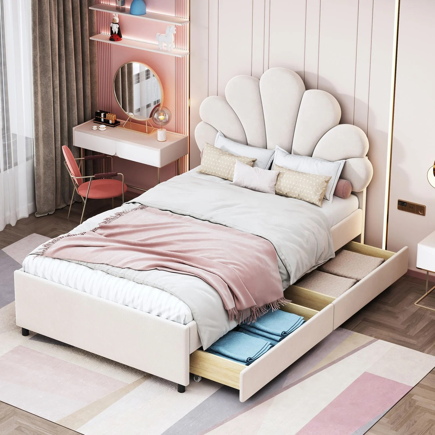 Polsterbett Kinderbett 90 x 200 cm, Bettrahmen mit geblümtem Kopfteil und Lattenrost, mit 2 Ablagefächern, Mädchenbett-Gästebett aus hautfreundlichem Samtstoff, Beige