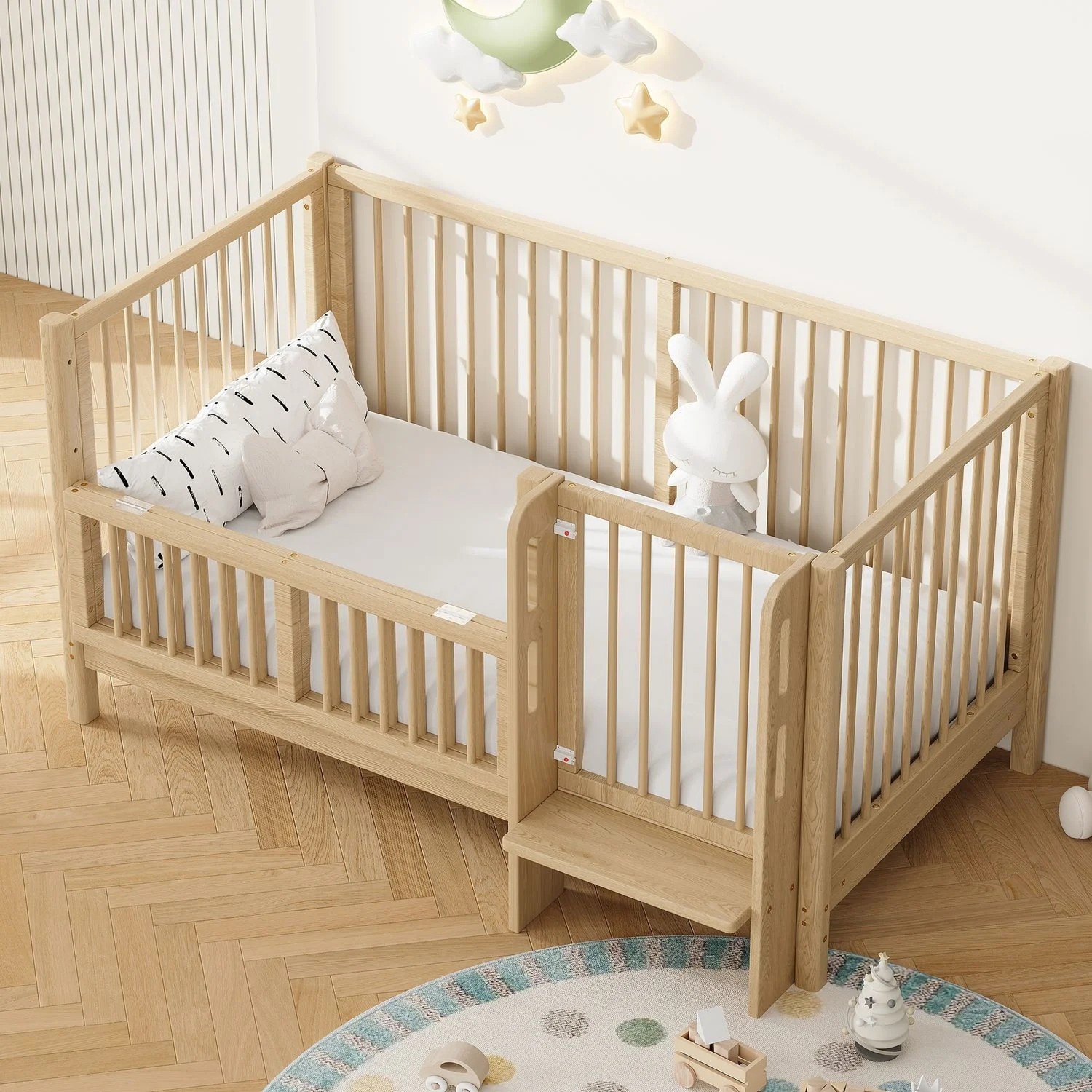 Merax Babybett, Multifunktionales Babybett, umwandelbar in Kinderbett & Anstellbett, mit zusammenklappbarem Schutzgeländer und Trittstufe, Tür mit Sicherheitsverschluss, Kiefer Massivholz, 140 x 70 x 80 cm