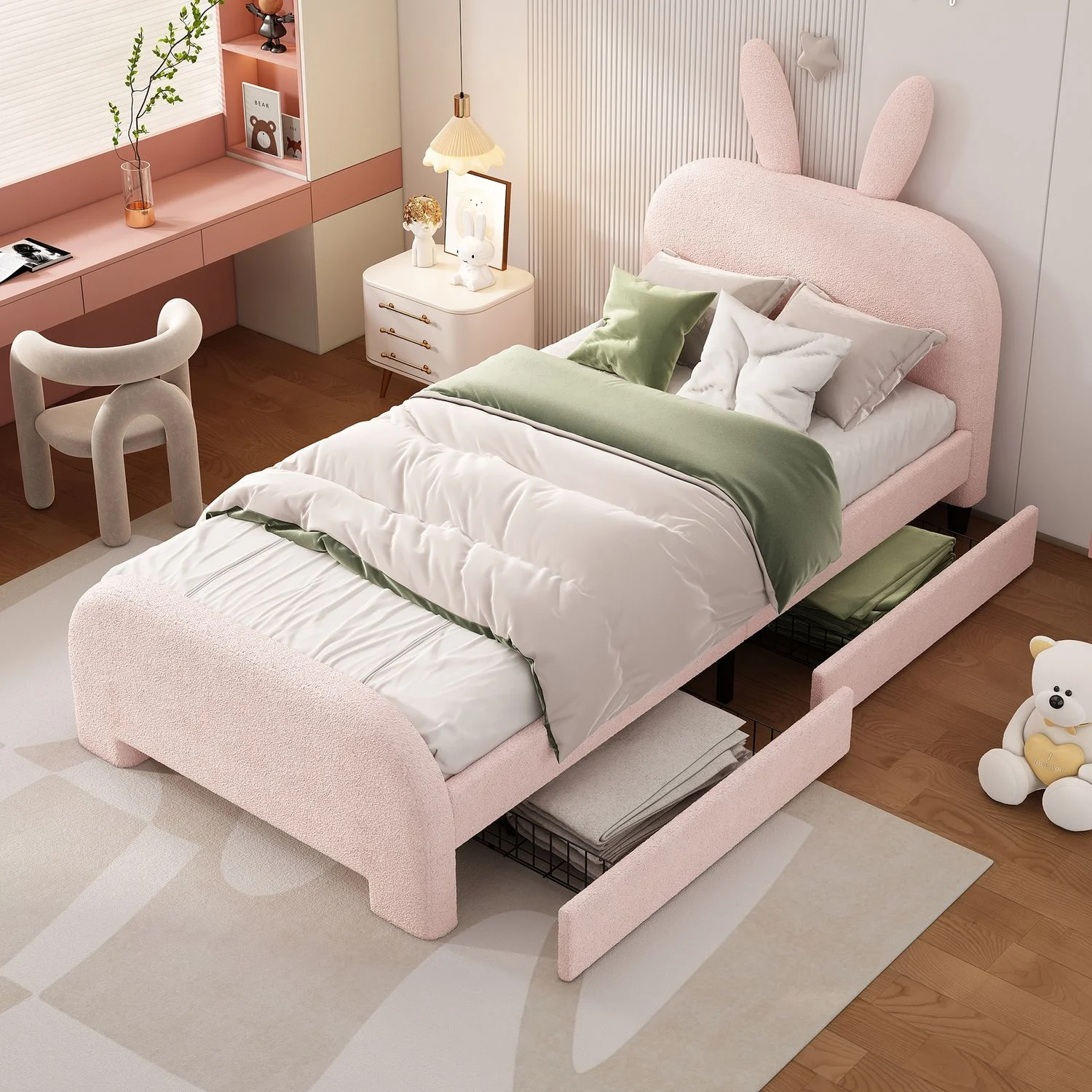 Polsterbett 90x200 cm mit Kaninchen-Kopfteil und zwei Schubladen, Rosa, Plush+MDF