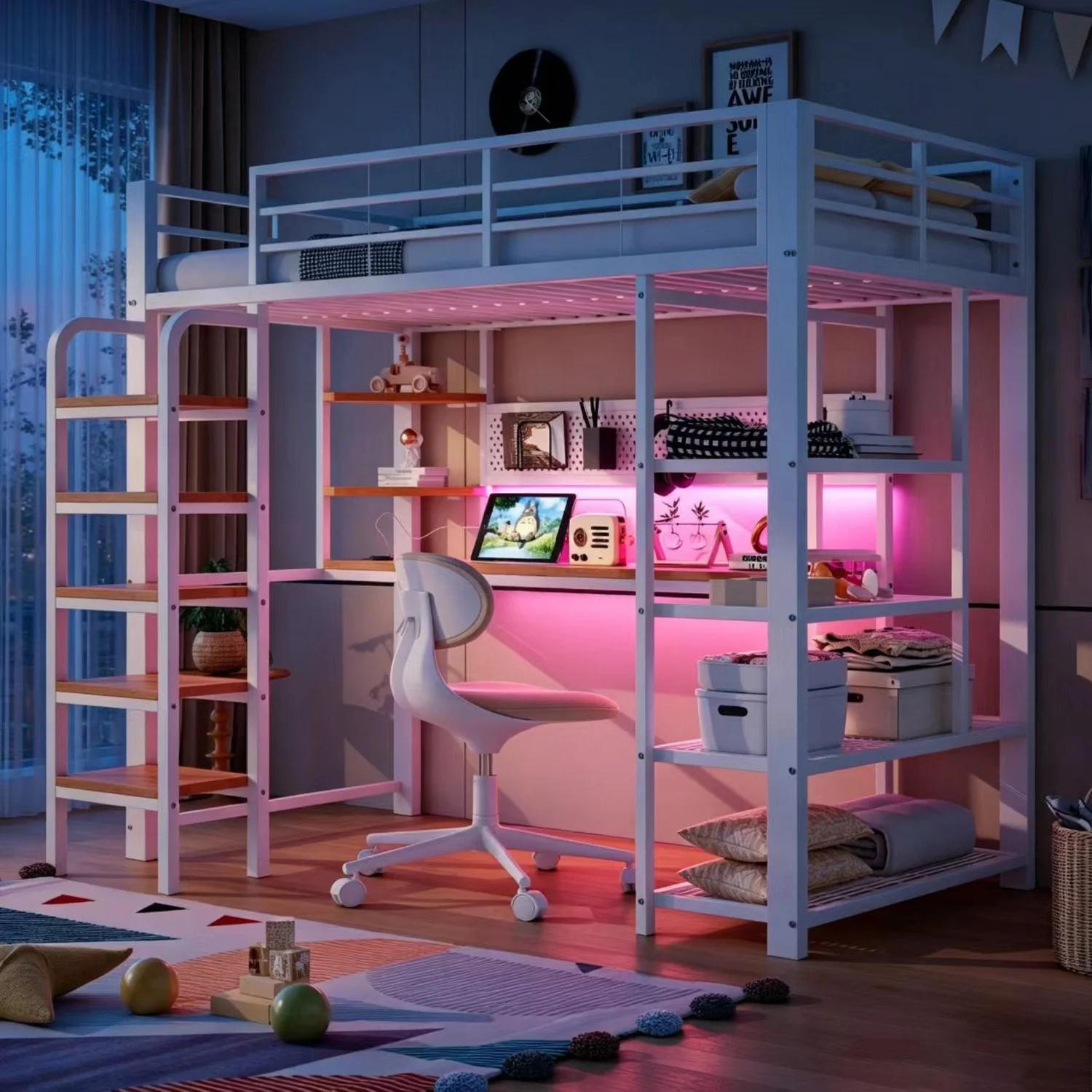 Merax Hochbett 90×200 cm, Kinderbett, Jugendbett, Einzelbett, mit Lochblech, Schreibtisch mit CEE-Steckdose, Mehrfarbige LED-Beleuchtung, Mehrstöckige Ablagefächer, Kleines Regal, Vertikale Leiter, Weiß