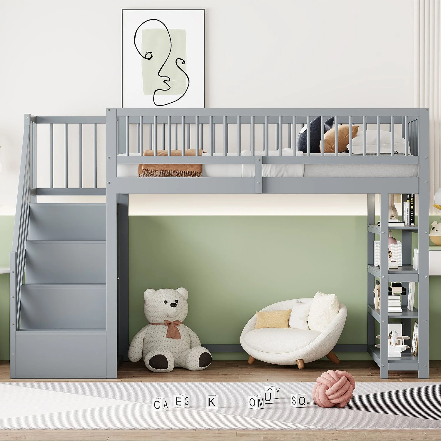 MODFU Kinderbett Hochzaun-Sicherheitsdesign mit Kleiderschrank, Regalen und Stauraum (Hochbett,mit Stauraum, Sicherheitsleiter & Kleiderschrank - Massivholz, mit Sicherheitskletterleiter, Multifunktionsbett 90 x 200 cm), ohne Matratze