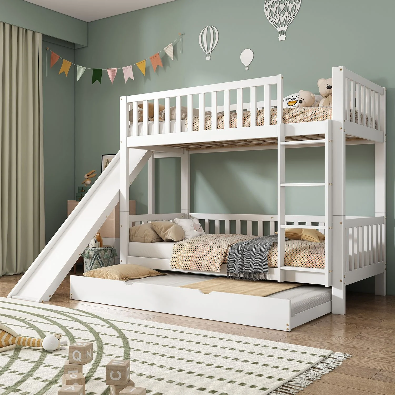 Etagenbett aus Kiefer/MDF mit Rollbett, Rutsche & Regalen, 90x200/190 cm, Weiß, ohne Matratze