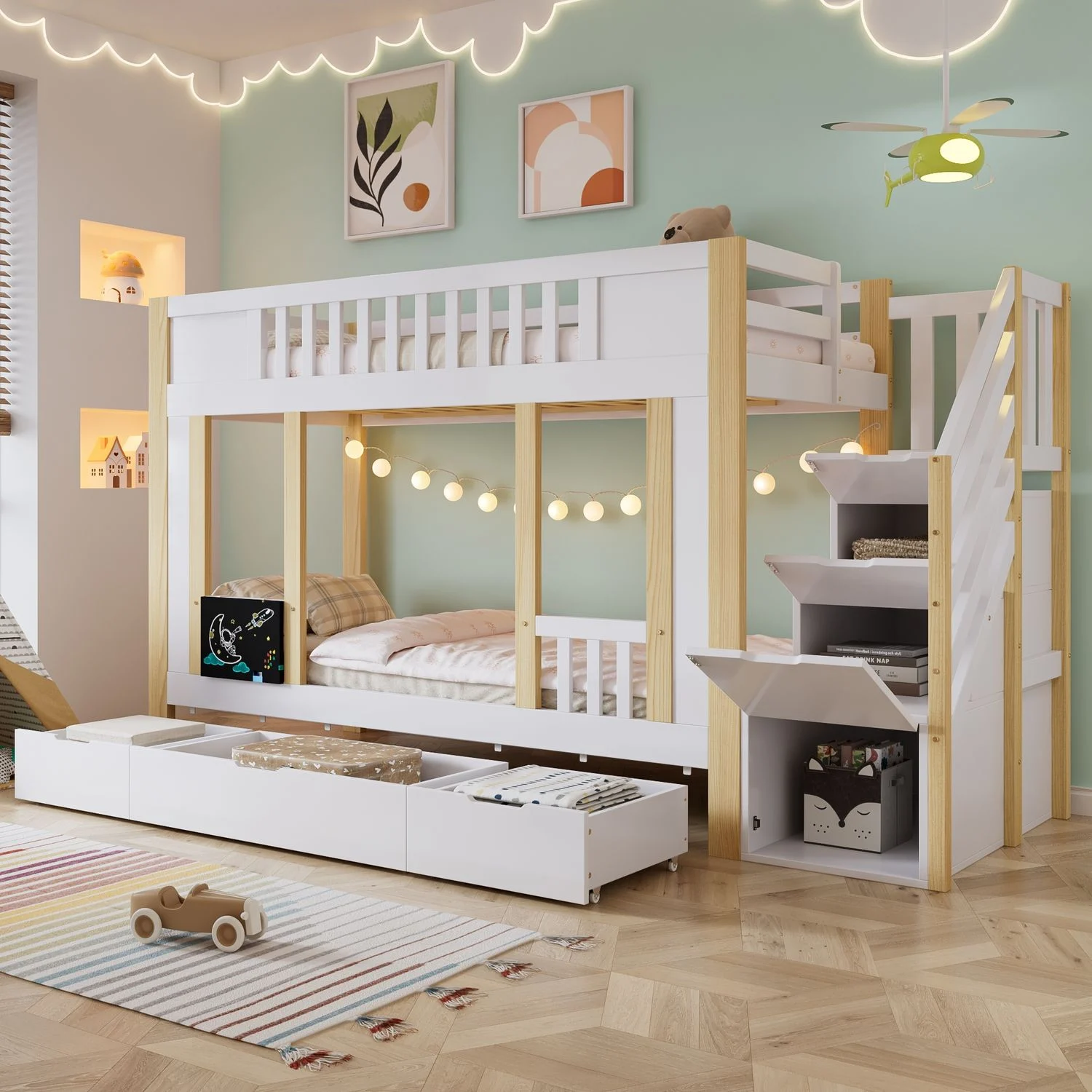 Etagenbett, Kiefer & MDF mit Treppenschrank und 3 Schubladen, 90x200 cm, Weiß/Natur, ohne Matratze
