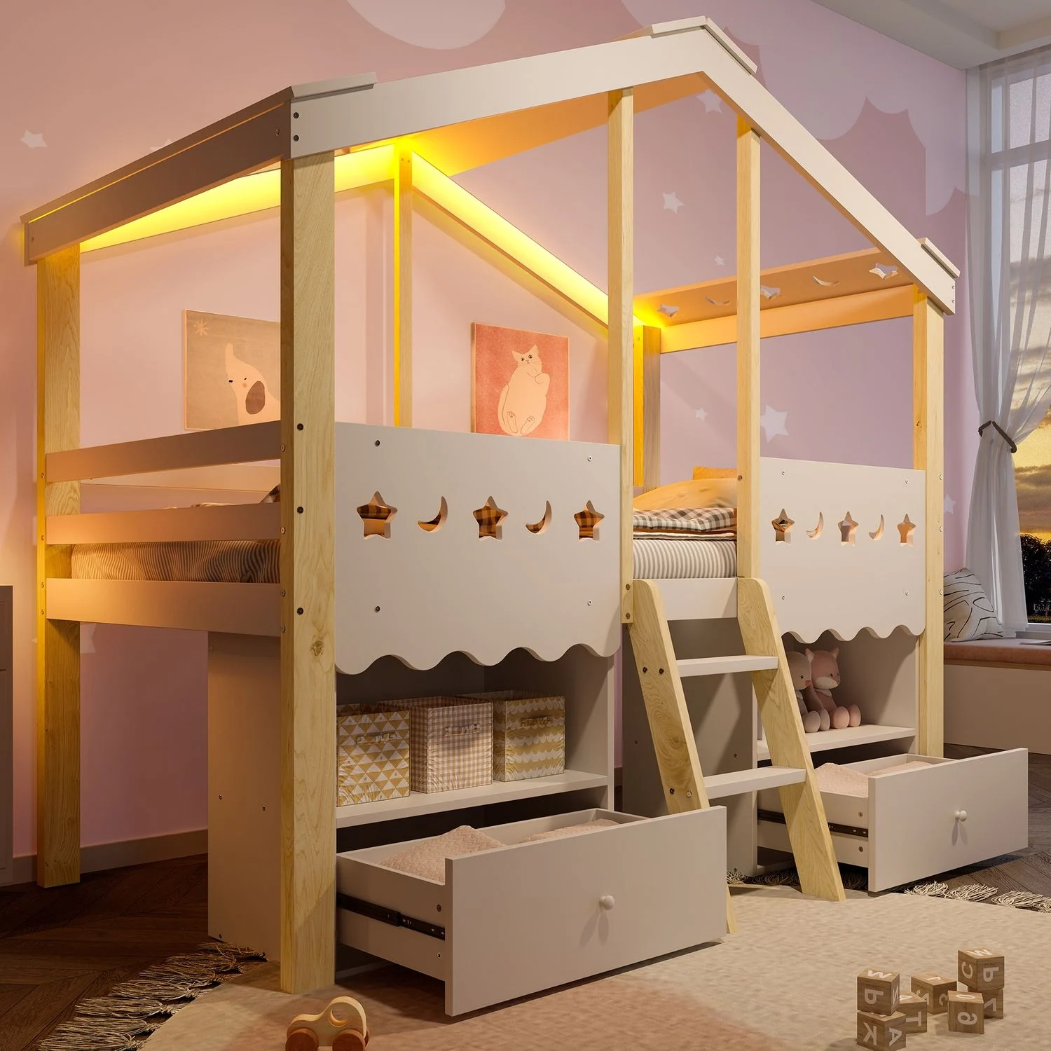 Halbhohes Bett aus Kiefernholz, Hausform mit 2 Schubladen & LED, 90x200 cm, Weiß/Natur, ohne Matratze